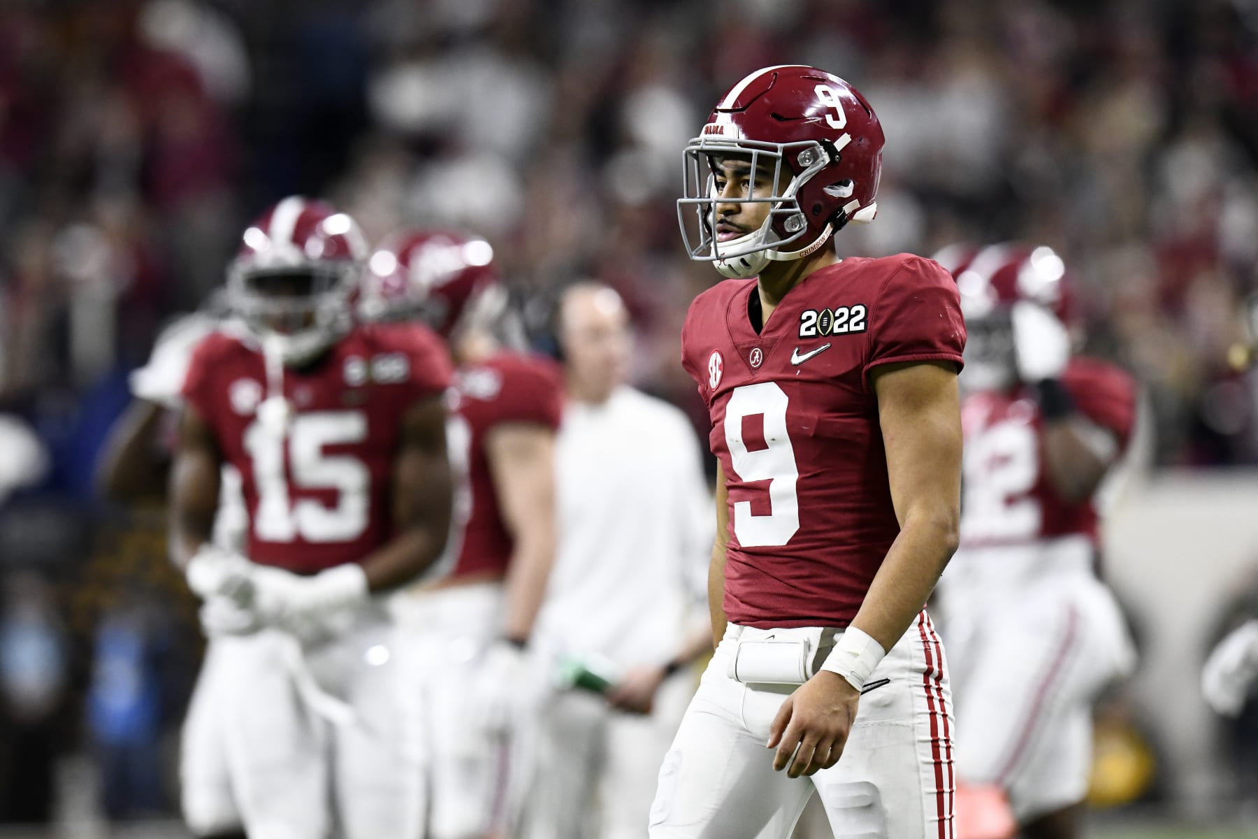 INDIANAPOLIS, IN - JANUARY 10: Alabama Crimson Tide QB Bryce Young (9) walks across the field during the Alabama Crimson Tide versus the Georgia Bulldogs in the College Football Playoff National Championship, on January 10, 2022, at Lucas Oil Stadium in Indianapolis, IN. (Photo by Michael Allio/Icon Sportswire via Getty Images)
