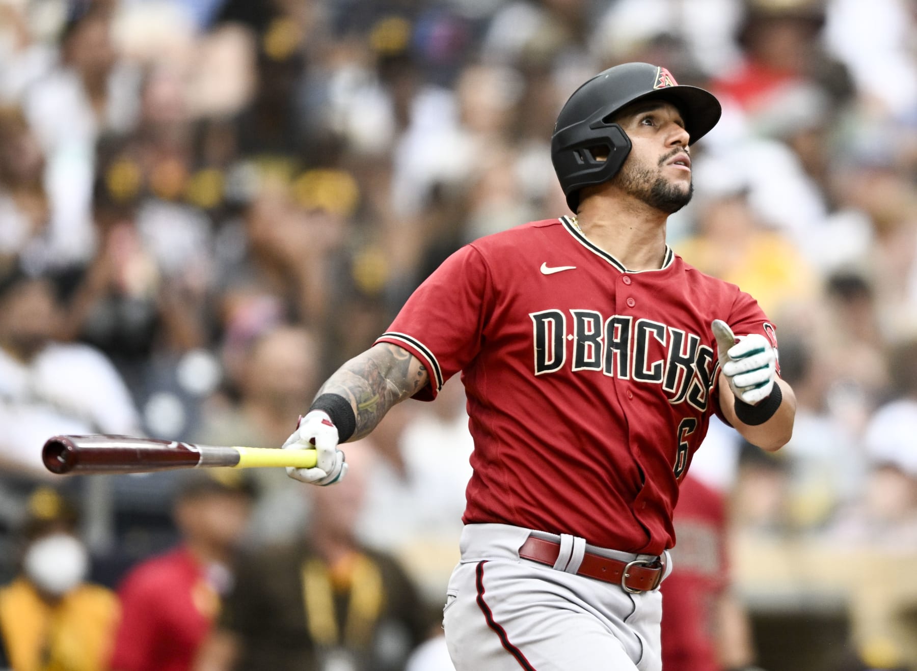 SAN DIEGO, CA - JUNE 17: David Peralta #6 of the Arizona Diamondbacks watches the flight of his solo home run during the sixth inning of a baseball game against the San Diego Padres July 17, 2022 at Petco Park in San Diego, California. (Photo by Denis Poroy/Getty Images) SAN DIEGO, CA - JUNE 17: David Peralta #6 of the Arizona Diamondbacks watches the flight of his solo home run during the sixth inning of a baseball game against the San Diego Padres July 17, 2022 at Petco Park in San Diego, California. (Photo by Denis Poroy/Getty Images)
