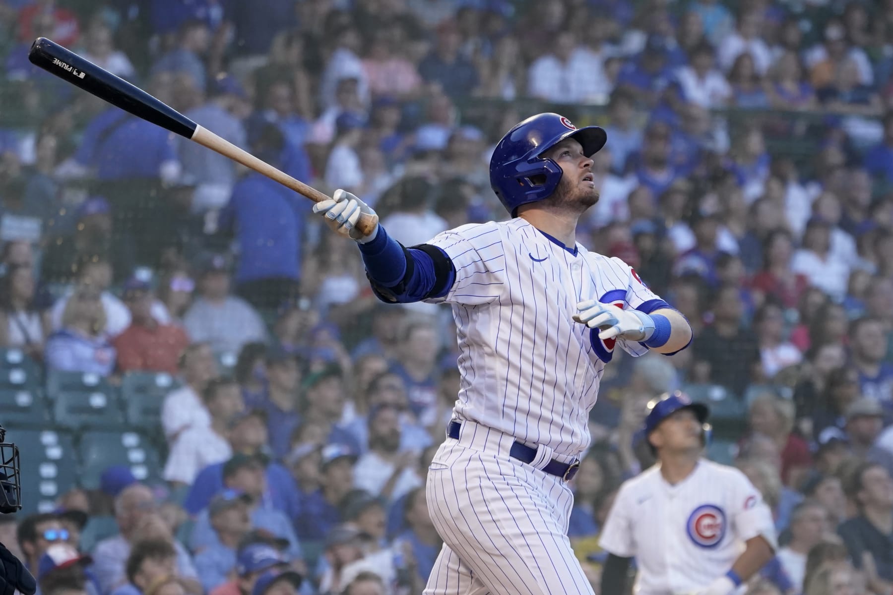Chicago Cubs' Ian Happ watches his home run off Baltimore Orioles starting pitcher Jordan Lyles during the first inning of a baseball game Tuesday, July 12, 2022, in Chicago. (AP Photo/Charles Rex Arbogast) Chicago Cubs' Ian Happ watches his home run off Baltimore Orioles starting pitcher Jordan Lyles during the first inning of a baseball game Tuesday, July 12, 2022, in Chicago. (AP Photo/Charles Rex Arbogast)