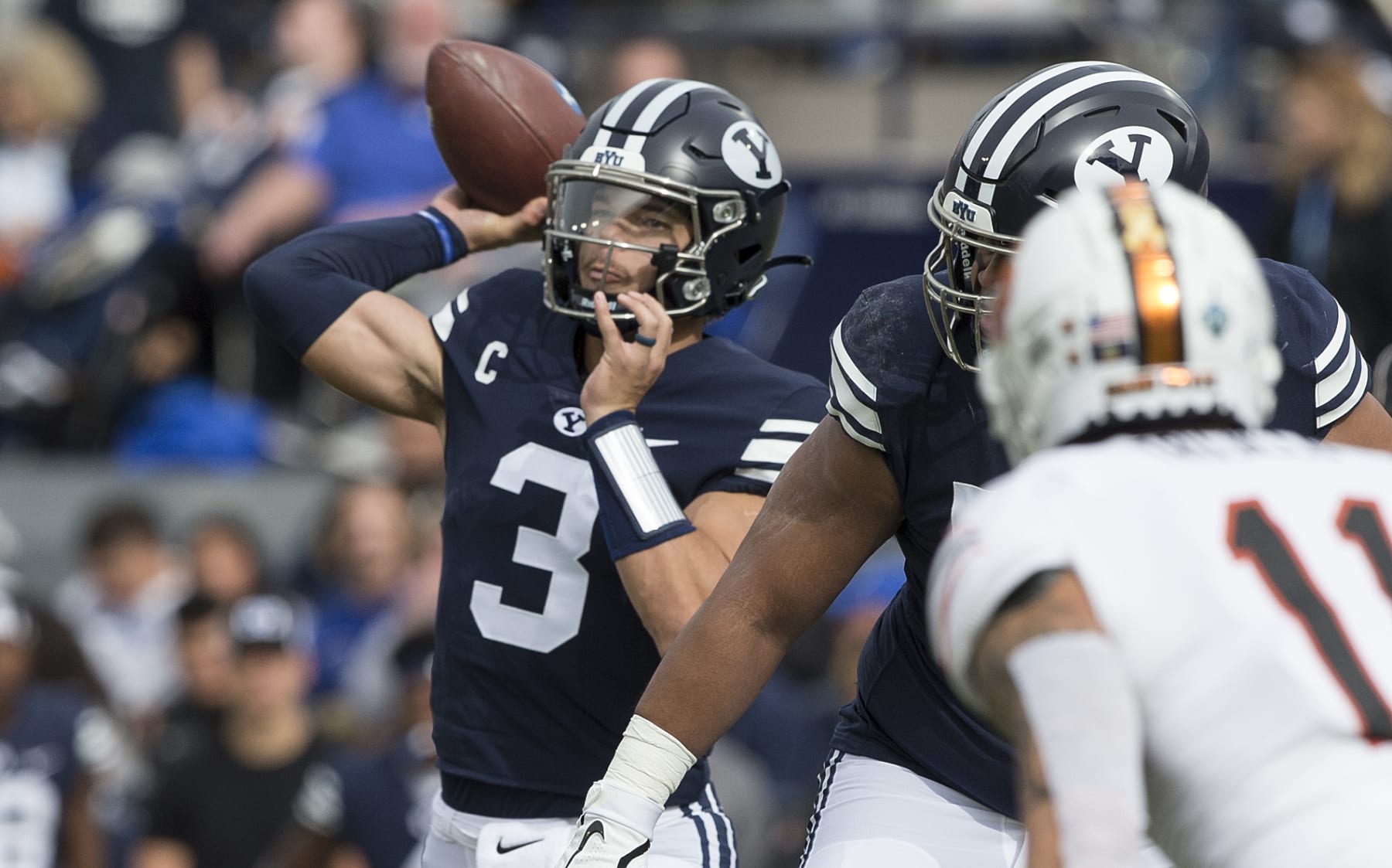 PROVO, UT -  NOVEMBER 6:  Jaren Hall #3 of the BYU Cougars throws a pass against the Idaho State Bengals during their game November 6, 2021 at the LaVel Edwards Stadium in Provo, Utah. (Photo by Chris Gardner/Getty Images)