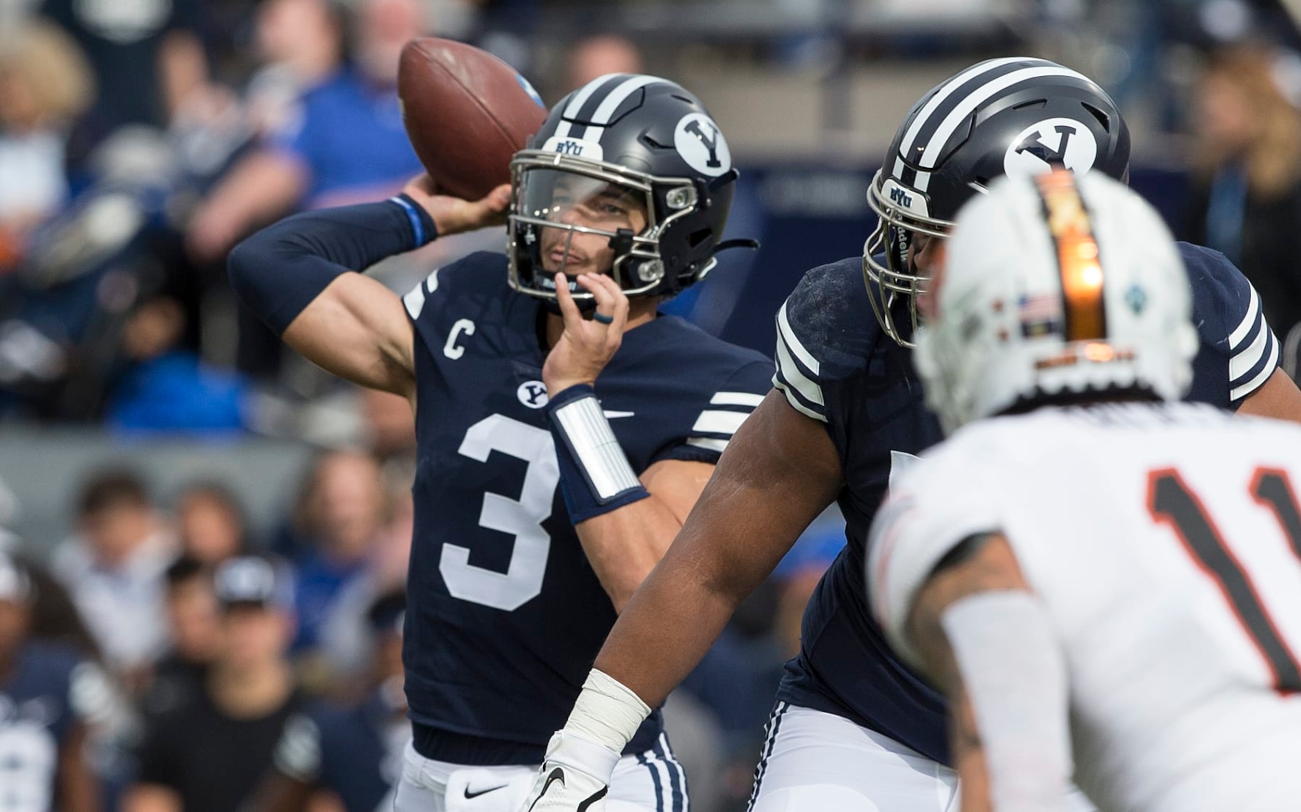 PROVO, UT -  NOVEMBER 6:  Jaren Hall #3 of the BYU Cougars throws a pass against the Idaho State Bengals during their game November 6, 2021 at the LaVel Edwards Stadium in Provo, Utah. (Photo by Chris Gardner/Getty Images)