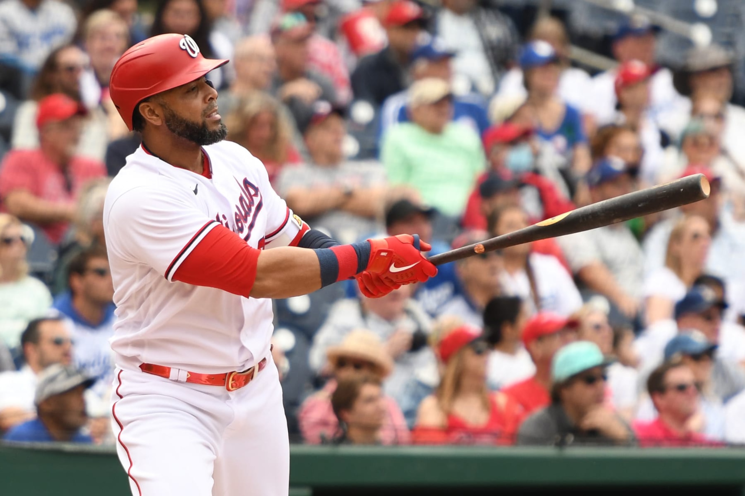 WASHINGTON, DC - MAY 25:  Nelson Cruz #23 of the Washington Nationals takes a swing during a baseball game against the Los Angeles Dodgers at Nationals Park on May 25, 2022 in Washington DC.  (Photo by Mitchell Layton/Getty Images)