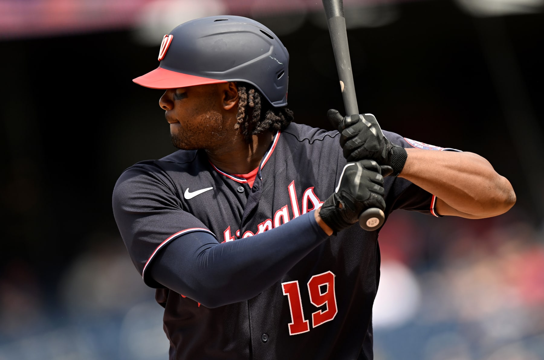 WASHINGTON, DC - MAY 28: Josh Bell #19 of the Washington Nationals bats against the Colorado Rockies during game one of a doubleheader at Nationals Park on May 28, 2022 in Washington, DC. (Photo by G Fiume/Getty Images)