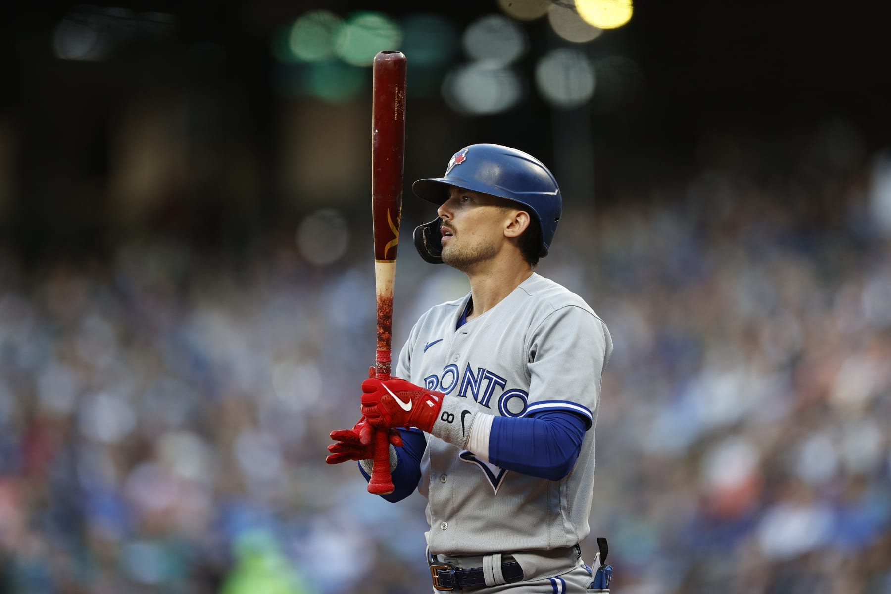 SEATTLE, WASHINGTON - JULY 08: Cavan Biggio #8 of the Toronto Blue Jays looks on during the second inning against the Seattle Mariners at T-Mobile Park on July 08, 2022 in Seattle, Washington. (Photo by Steph Chambers/Getty Images) SEATTLE, WASHINGTON - JULY 08: Cavan Biggio #8 of the Toronto Blue Jays looks on during the second inning against the Seattle Mariners at T-Mobile Park on July 08, 2022 in Seattle, Washington. (Photo by Steph Chambers/Getty Images)