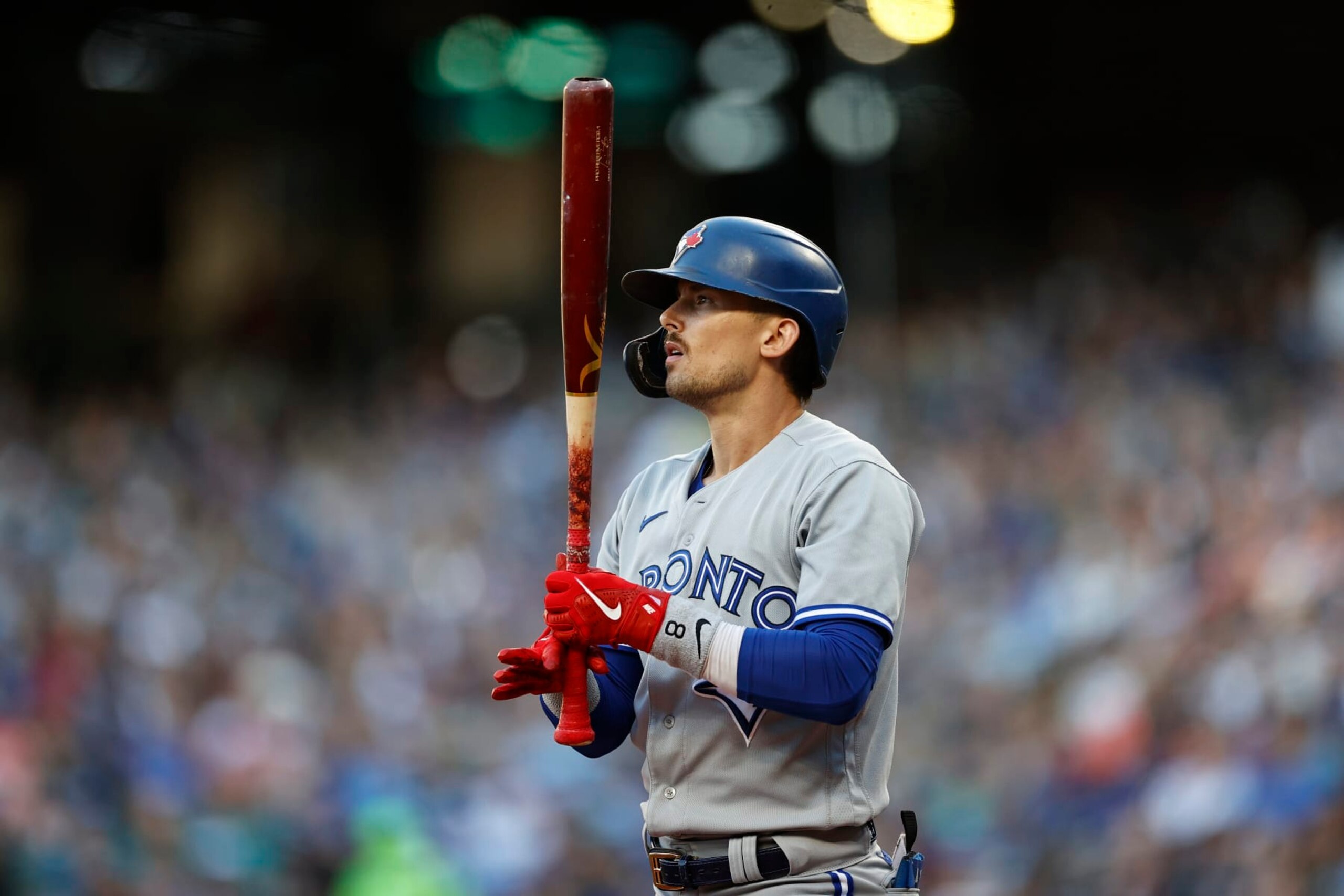 SEATTLE, WASHINGTON - JULY 08: Cavan Biggio #8 of the Toronto Blue Jays looks on during the second inning against the Seattle Mariners at T-Mobile Park on July 08, 2022 in Seattle, Washington. (Photo by Steph Chambers/Getty Images)