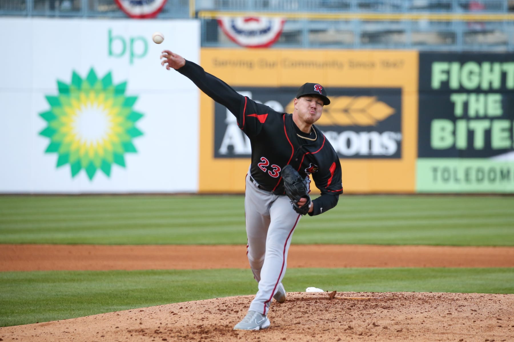 TOLEDO, OH - APRIL 7:  Rochester Red Wings starting pitcher Cade Cavalli (23) pitches during a regular season Triple A Minor League Baseball game between the Rochester Red Wings and the Toledo Mud Hens on April 7, 2022 at Fifth Third Field in Toledo, Ohio.  (Photo by Scott W. Grau/Icon Sportswire via Getty Images)