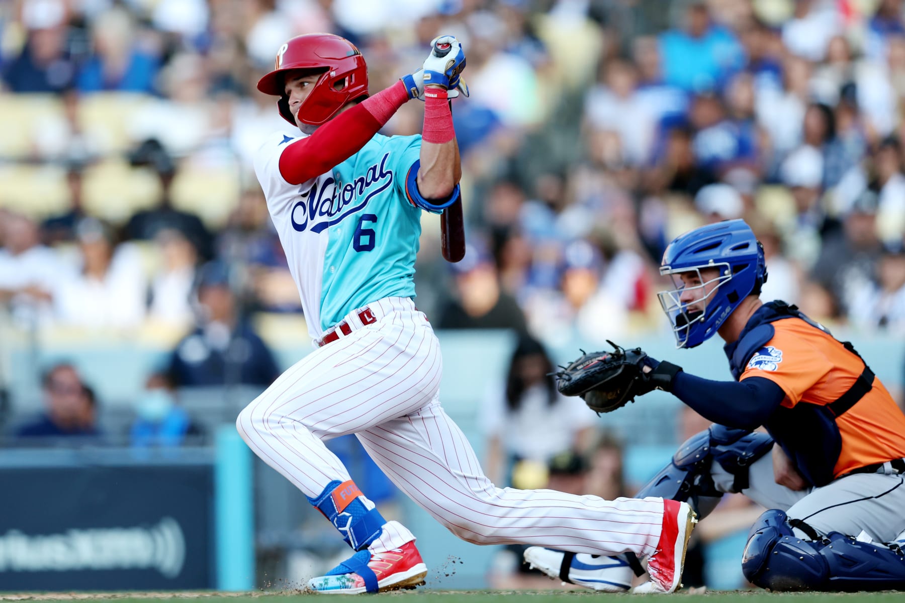LOS ANGELES, CA - JULY 16:  Logan O'Hoppe #6 of the Philadelphia Phillies bats during the 2022 SiriusXM All-Star Futures Game at Dodger Stadium on Saturday, July 16, 2022 in Los Angeles, California. (Photo by Rob Tringali/MLB Photos via Getty Images)