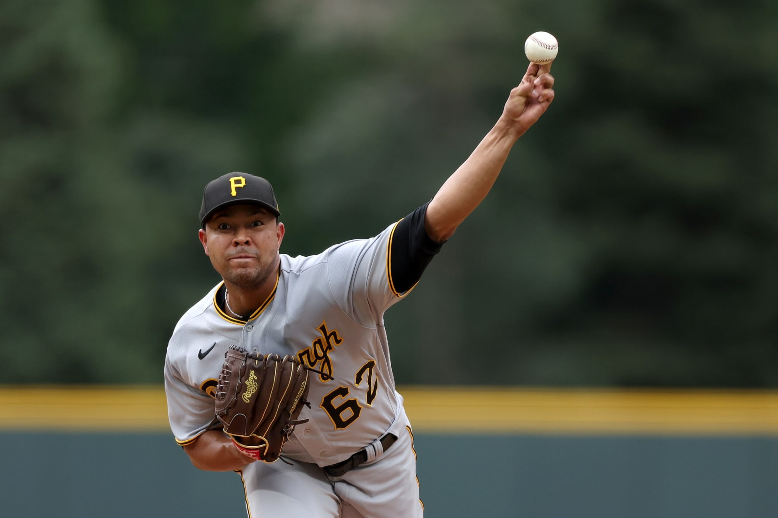 DENVER, COLORADO - JULY 15: Starting pitcher Jose Quintana #62 of the Pittsburgh Pirates throws against the Colorado Rockies in the first inning at Coors Field on July 15, 2022 in Denver, Colorado. (Photo by Matthew Stockman/Getty Images)