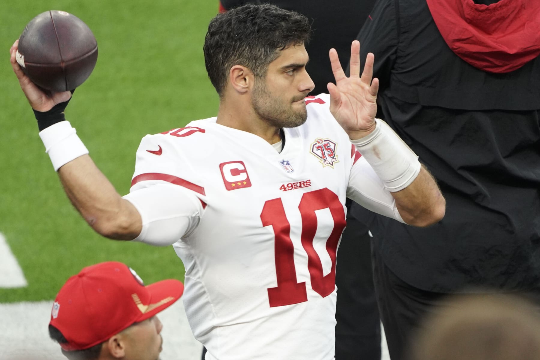 INGLEWOOD, CA - JANUARY 30:  Jimmy Garoppolo #10 of the 49ers during the NFC Conference Championship game between the San Francisco 49ers and the Los Angeles Rams on January 30, 2022, at SoFi Stadium in Inglewood, CA. (Photo by Icon Sportswire)
