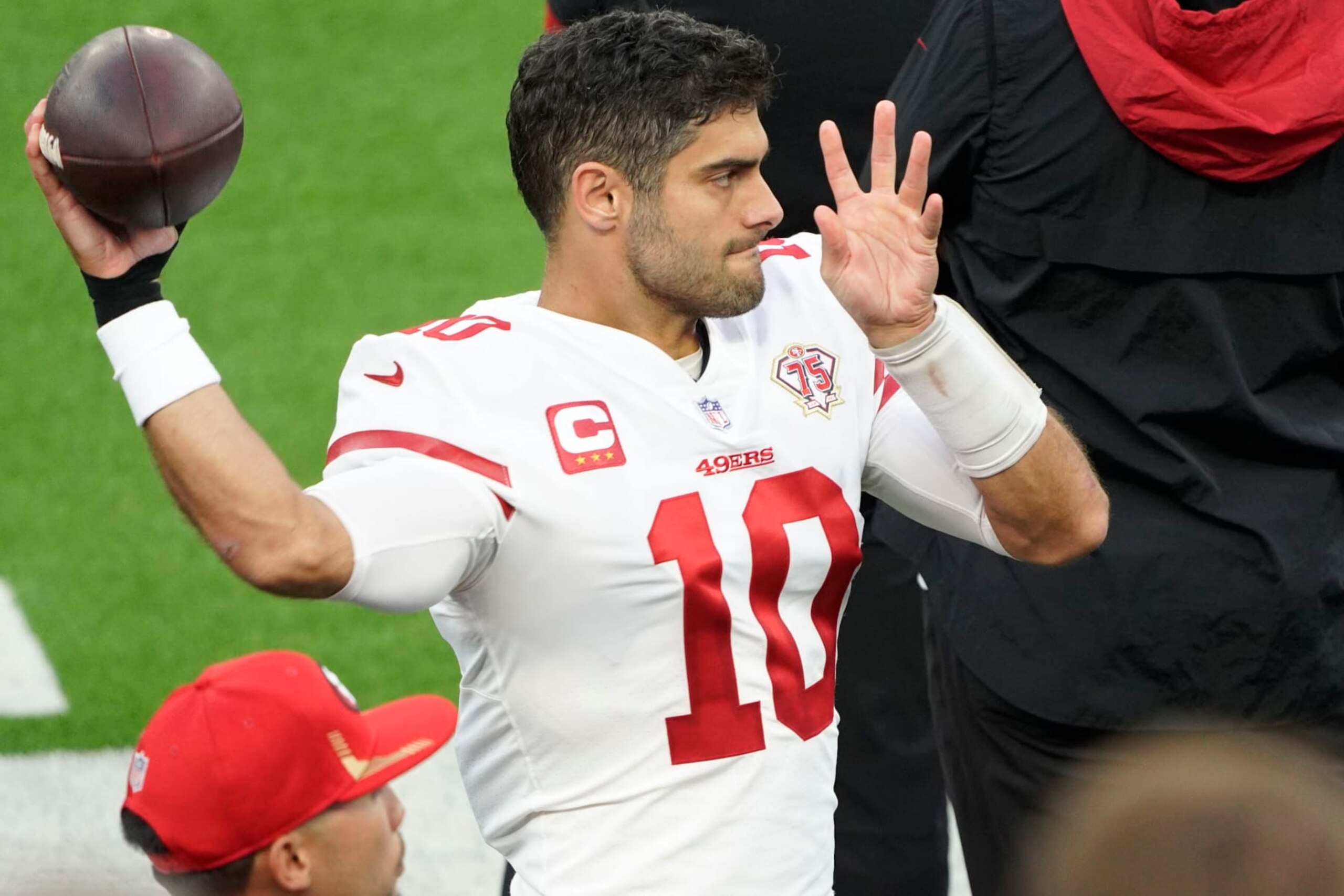 INGLEWOOD, CA - JANUARY 30:  Jimmy Garoppolo #10 of the 49ers during the NFC Conference Championship game between the San Francisco 49ers and the Los Angeles Rams on January 30, 2022, at SoFi Stadium in Inglewood, CA. (Photo by Icon Sportswire)
