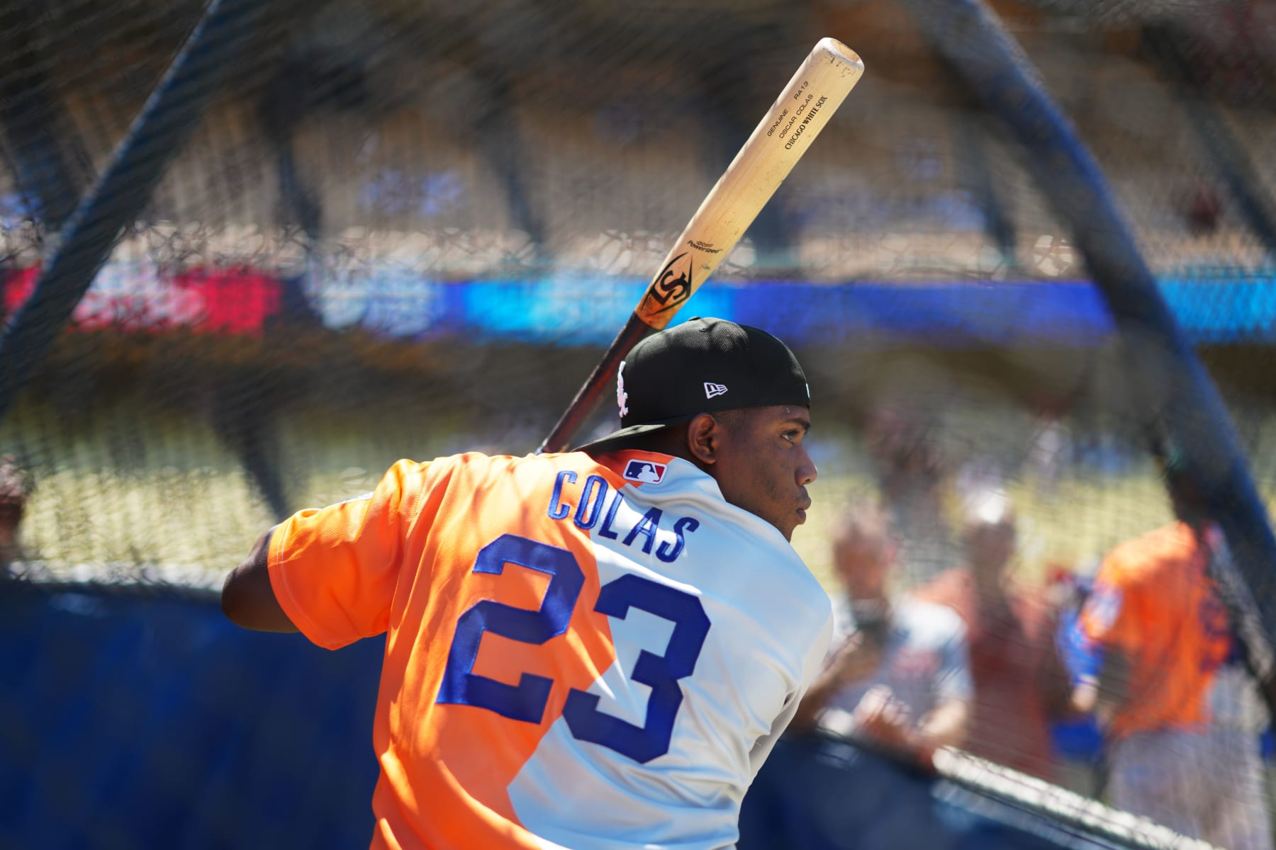 LOS ANGELES, CA - JULY 16: Oscar Colas #23 of the Chicago White Sox takes batting practice prior to the 2022 SiriusXM All-Star Futures Game at Dodger Stadium on Saturday, July 16, 2022 in Los Angeles, California. (Photo by Daniel Shirey/MLB Photos via Getty Images)