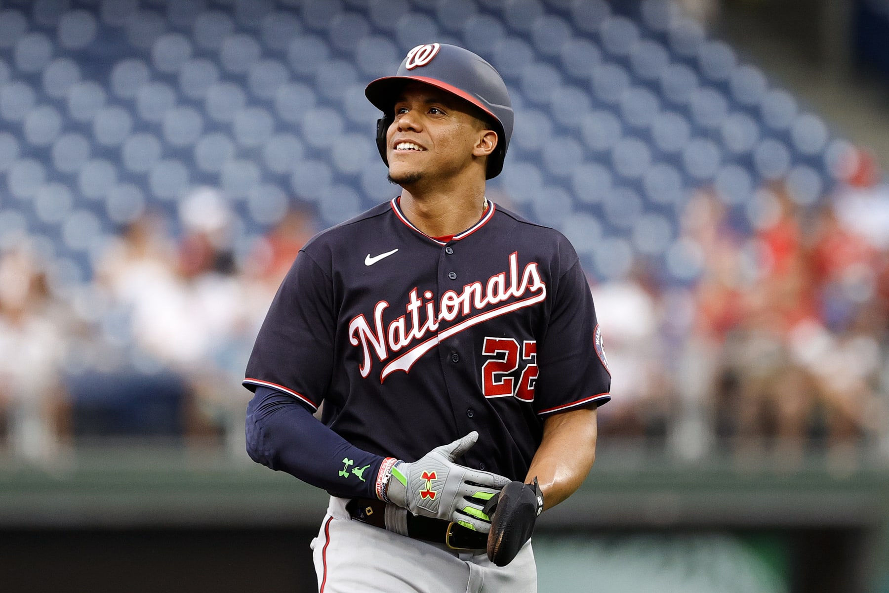 PHILADELPHIA, PENNSYLVANIA - JULY 06: Juan Soto #22 of the Washington Nationals looks on during the first inning against the Philadelphia Phillies at Citizens Bank Park on July 06, 2022 in Philadelphia, Pennsylvania. (Photo by Tim Nwachukwu/Getty Images)