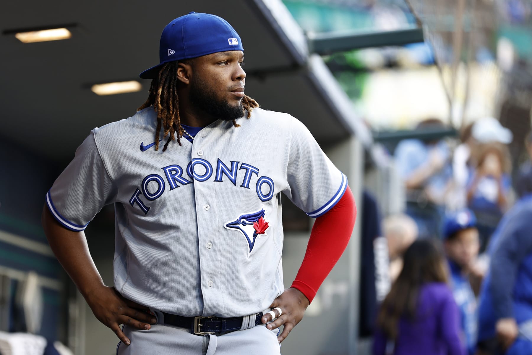 SEATTLE, WASHINGTON - JULY 07: Vladimir Guerrero Jr. #27 of the Toronto Blue Jays looks on before the game Mariners at T-Mobile Park on July 07, 2022 in Seattle, Washington. (Photo by Steph Chambers/Getty Images)