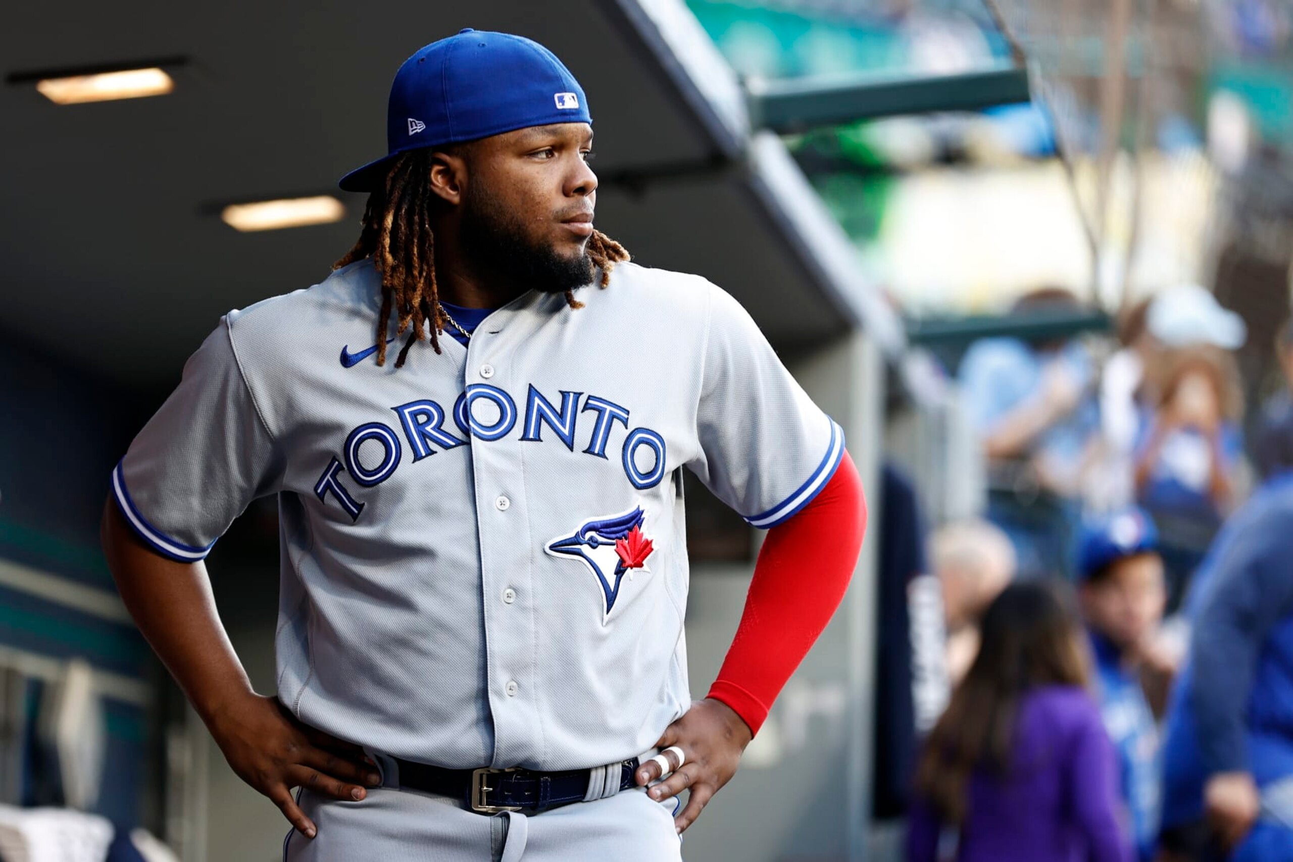 SEATTLE, WASHINGTON - JULY 07: Vladimir Guerrero Jr. #27 of the Toronto Blue Jays looks on before the game Mariners at T-Mobile Park on July 07, 2022 in Seattle, Washington. (Photo by Steph Chambers/Getty Images)