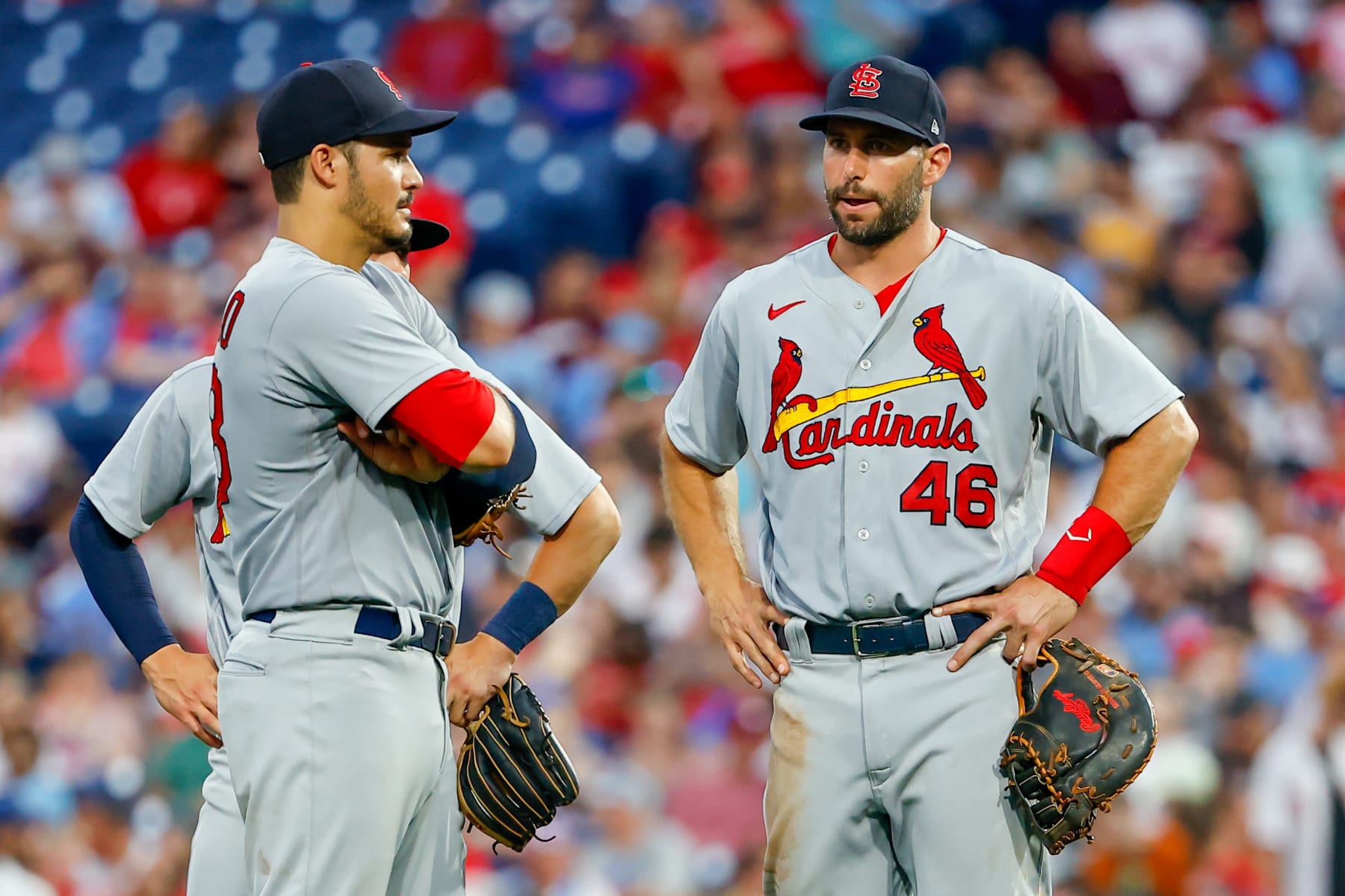 PHILADELPHIA, PA - JULY 01:  St. Louis Cardinals third baseman Nolan Arenado (28) and St. Louis Cardinals first baseman Paul Goldschmidt (46) during the Major League Baseball game between the Philadelphia Phillies and the St. Louis Cardinals on July 1, 2022 at Citizens Bank Park in Philadelphia, Pennsylvania.   (Photo by Rich Graessle/Icon Sportswire via Getty Images)