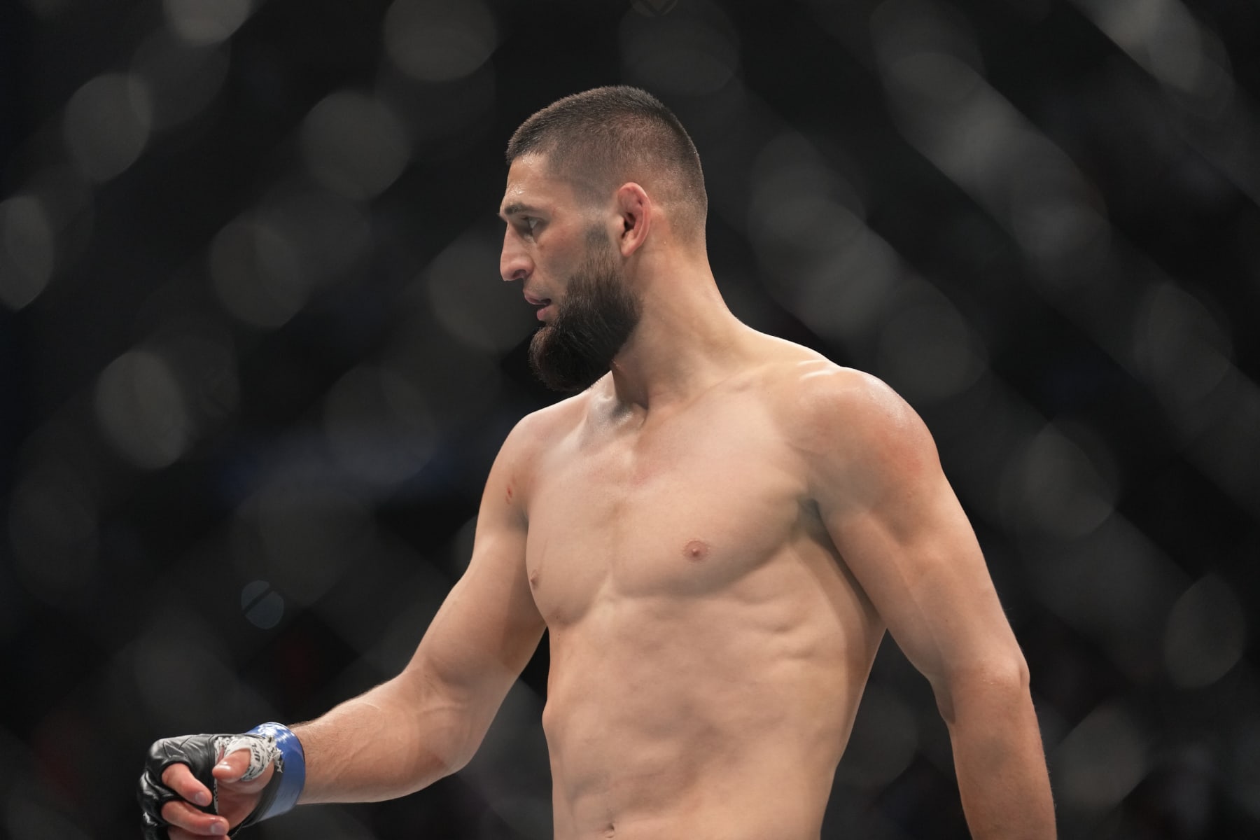 JACKSONVILLE, FL - APRIL 9: Khamzat Chimaev battles Gilbert Burns in their Welterweight fight during the UFC 273 event at  on April 9, 2022, at Vystar Memorial Arena in Jacksonville, Florida. (Photo by Louis Grasse/PxImages/Icon Sportswire via Getty Images)