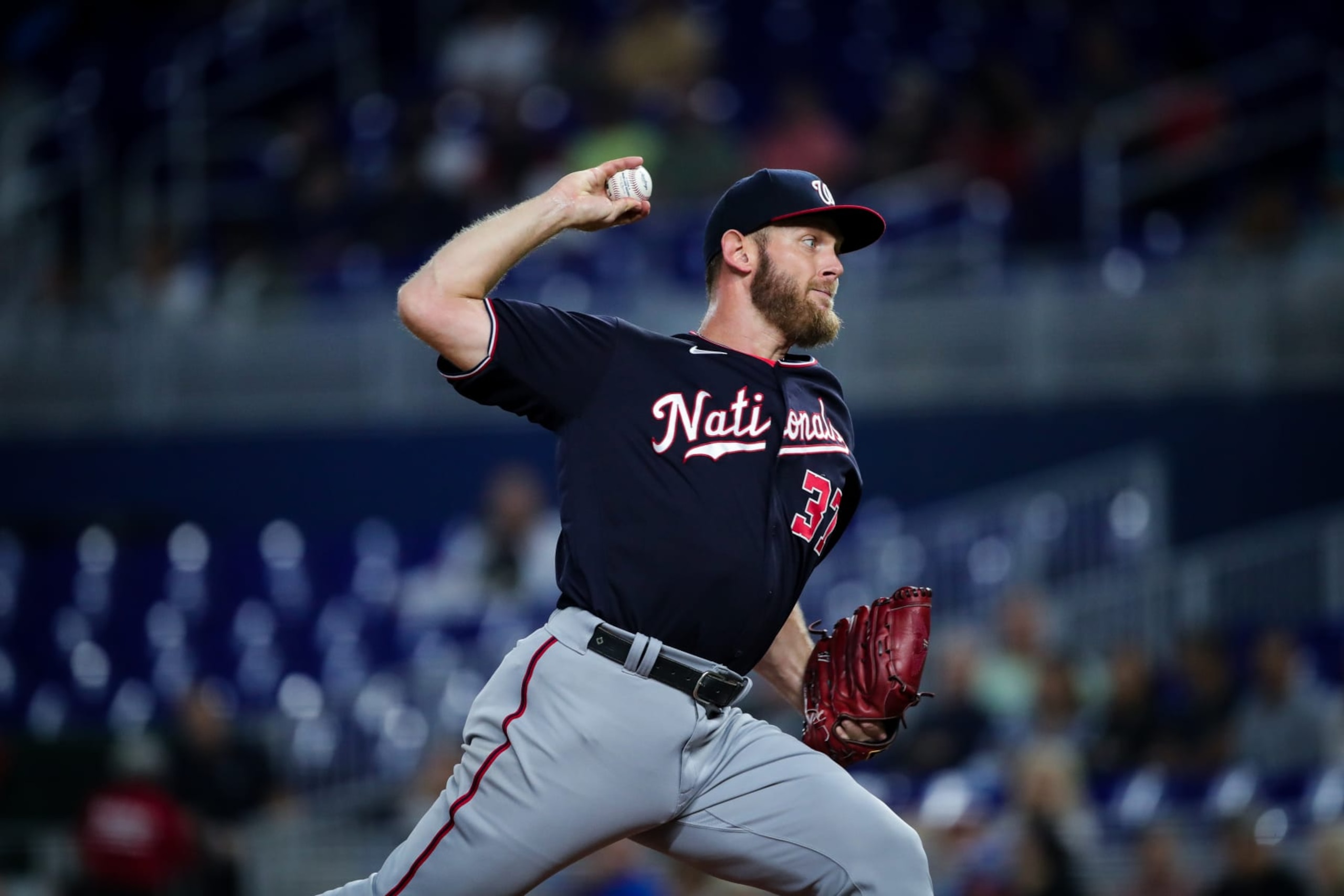 MIAMI, FL - JUNE 09: Stephen Strasburg #37 of the Washington Nationals delivers a pitch in the fourth inning during the game between the Washington Nationals and the Miami Marlins at loanDepot park on Thursday, June 9, 2022 in Miami, Florida. (Photo by Kelly Gavin/MLB Photos via Getty Images)
