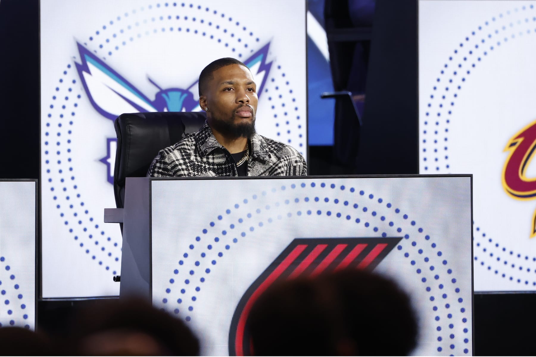CHICAGO,IL - MAY 17: Damian Lillard #0 of the Portland Trail Blazers looks on during the 2022 NBA Draft Lottery at McCormick Place on May 17, 2022 in Chicago, Illinois. NOTE TO USER: User expressly acknowledges and agrees that, by downloading and or using this photograph, User is consenting to the terms and conditions of the Getty Images License Agreement. Mandatory Copyright Notice: Copyright 2022 NBAE (Photo by Kamil Krzaczynski/NBAE via Getty Images)