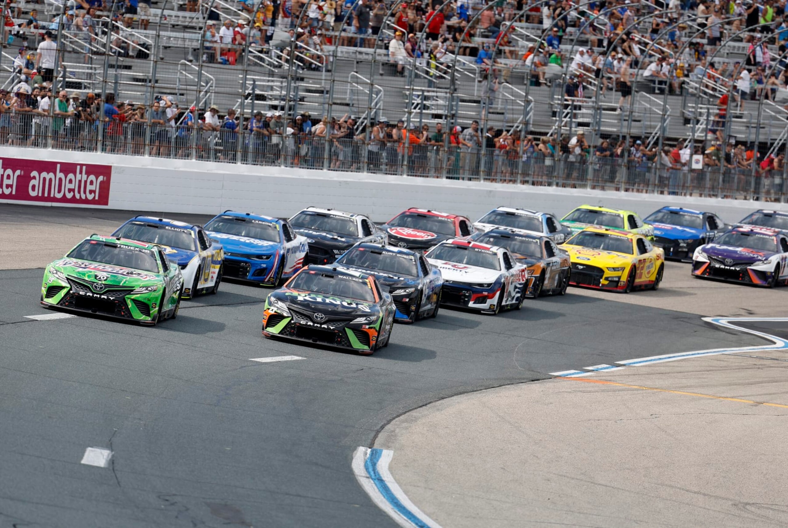 LOUDON, NH - JULY 17: Cars enter turn one during the NASCAR Cup Series Ambetter 301 on July 17, 2022, at New Hampshire Motor Speedway in Loudon. New Hampshire. (Photo by Fred Kfoury III/Icon Sportswire via Getty Images)