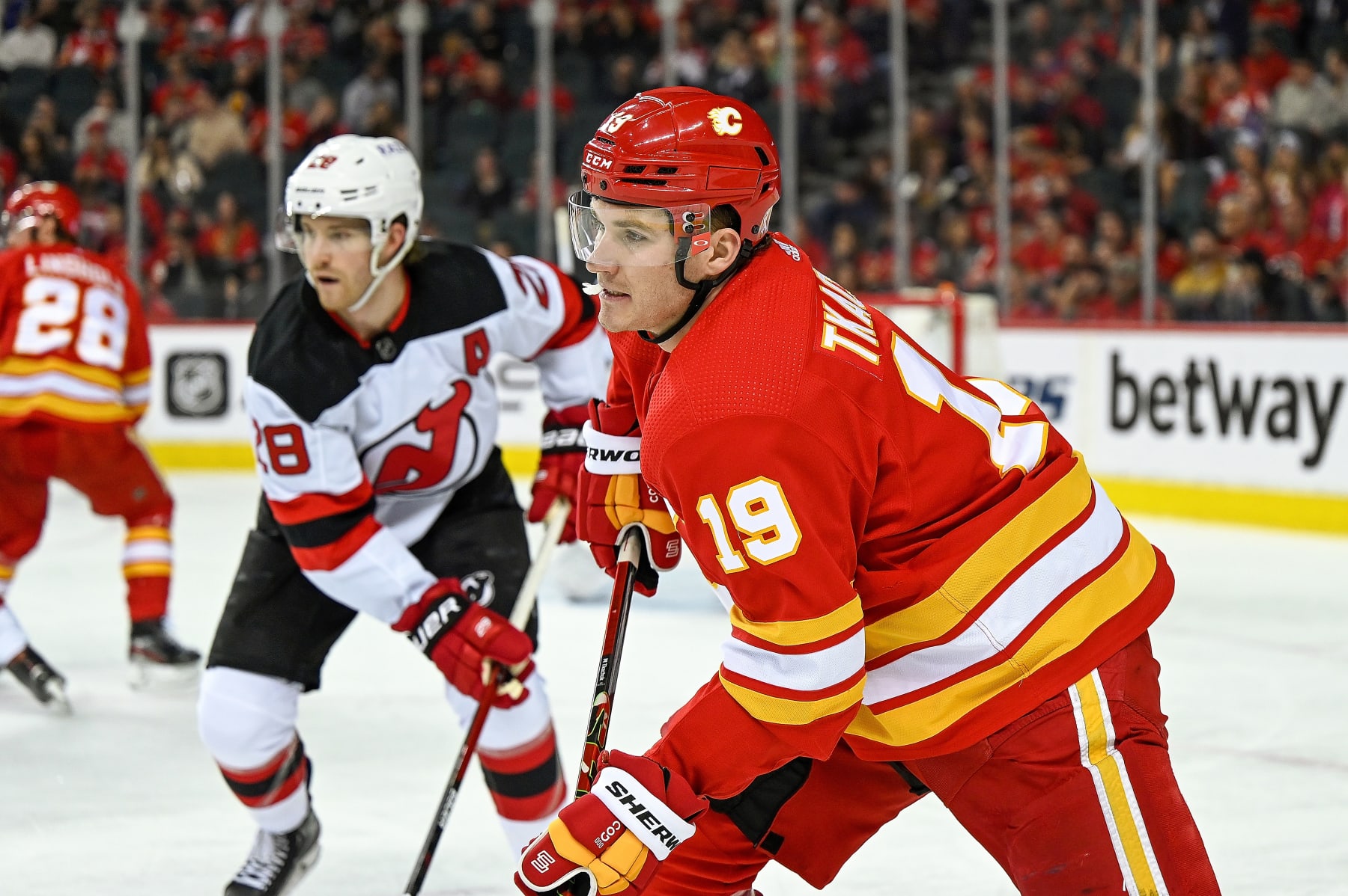 CALGARY, AB - MARCH 16: Calgary Flames Right Wing Matthew Tkachuk (19) in action during the third period an NHL game where the Calgary Flames hosted the New Jersey Devils on March 16, 2022, at the Scotiabank Saddledome in Calgary, AB. (Photo by Brett Holmes/Icon Sportswire via Getty Images)