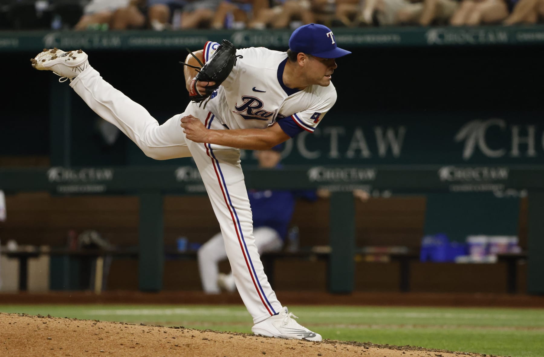 ARLINGTON, TX - JULY 12: Matt Moore #45 of the Texas Rangers delivers against the Oakland Athletics at Globe Life Field on July 12, 2022 in Arlington, Texas.  (Photo by Ron Jenkins/Getty Images)