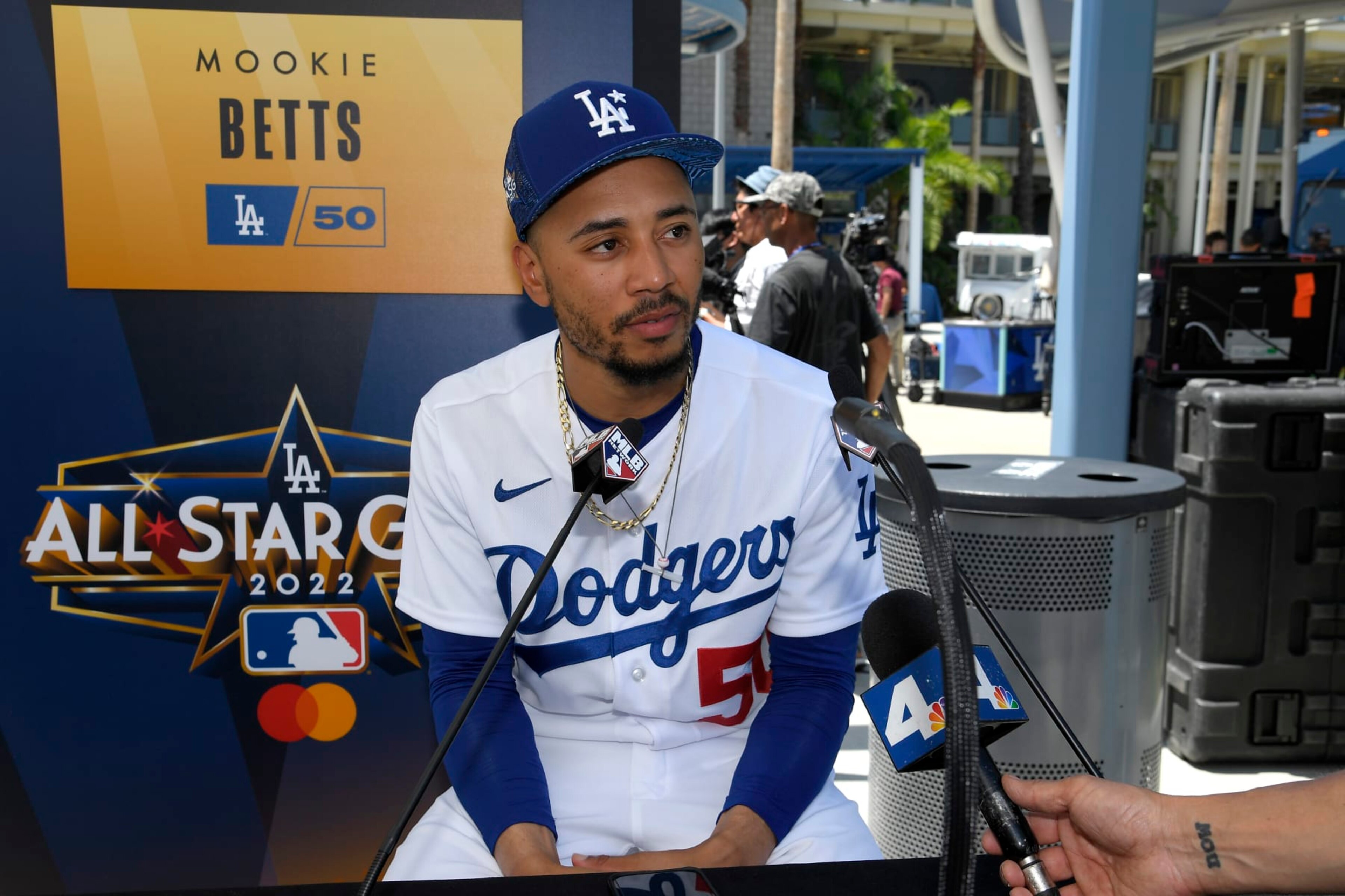 LOS ANGELES, CALIFORNIA - JULY 18: Mookie Betts #50 of the Los Angeles Dodgers speaks to the media during the 2022 Gatorade All-Star Workout Day at Dodger Stadium on July 18, 2022 in Los Angeles, California. (Photo by Kevork Djansezian/Getty Images)