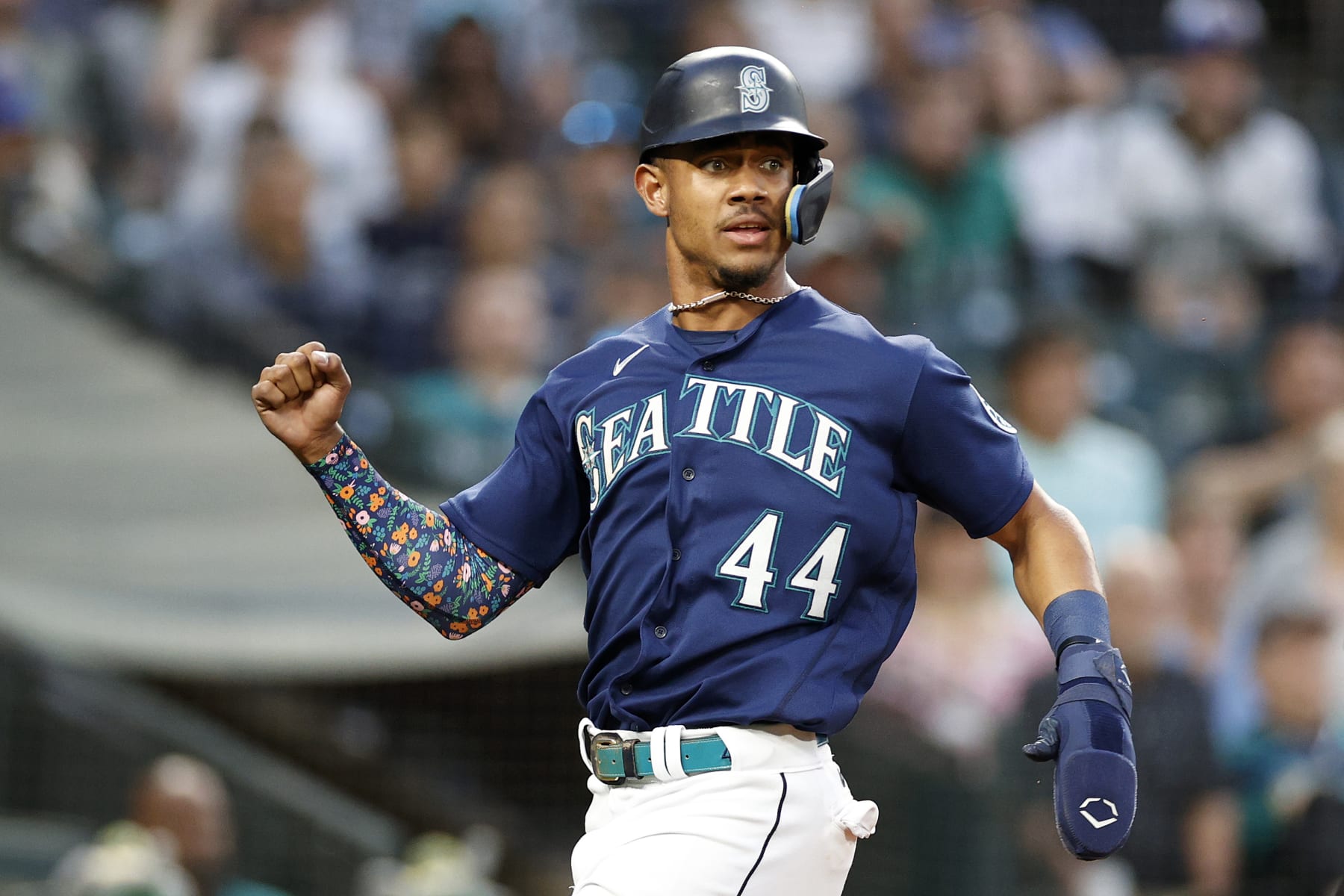 SEATTLE, WASHINGTON - JULY 01: Julio Rodriguez #44 of the Seattle Mariners reacts after scoring against the Oakland Athletics during the sixth inning at T-Mobile Park on July 01, 2022 in Seattle, Washington. (Photo by Steph Chambers/Getty Images) SEATTLE, WASHINGTON - JULY 01: Julio Rodriguez #44 of the Seattle Mariners reacts after scoring against the Oakland Athletics during the sixth inning at T-Mobile Park on July 01, 2022 in Seattle, Washington. (Photo by Steph Chambers/Getty Images)