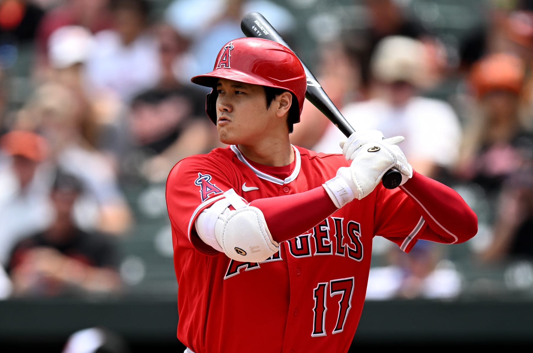 BALTIMORE, MARYLAND - JULY 10: Shohei Ohtani #17 of the Los Angeles Angels bats against the Baltimore Orioles at Oriole Park at Camden Yards on July 10, 2022 in Baltimore, Maryland. (Photo by G Fiume/Getty Images) BALTIMORE, MARYLAND - JULY 10: Shohei Ohtani #17 of the Los Angeles Angels bats against the Baltimore Orioles at Oriole Park at Camden Yards on July 10, 2022 in Baltimore, Maryland. (Photo by G Fiume/Getty Images)