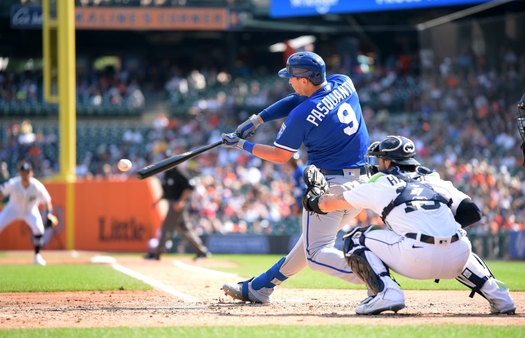 DETROIT, MI - JULY 02:  Vinnie Pasquantino #9 of the Kansas City Royals bats during the game against the Detroit Tigers at Comerica Park on July 2, 2022 in Detroit, Michigan. The Tigers defeated the Royals 4-3.  (Photo by Mark Cunningham/MLB Photos via Getty Images)