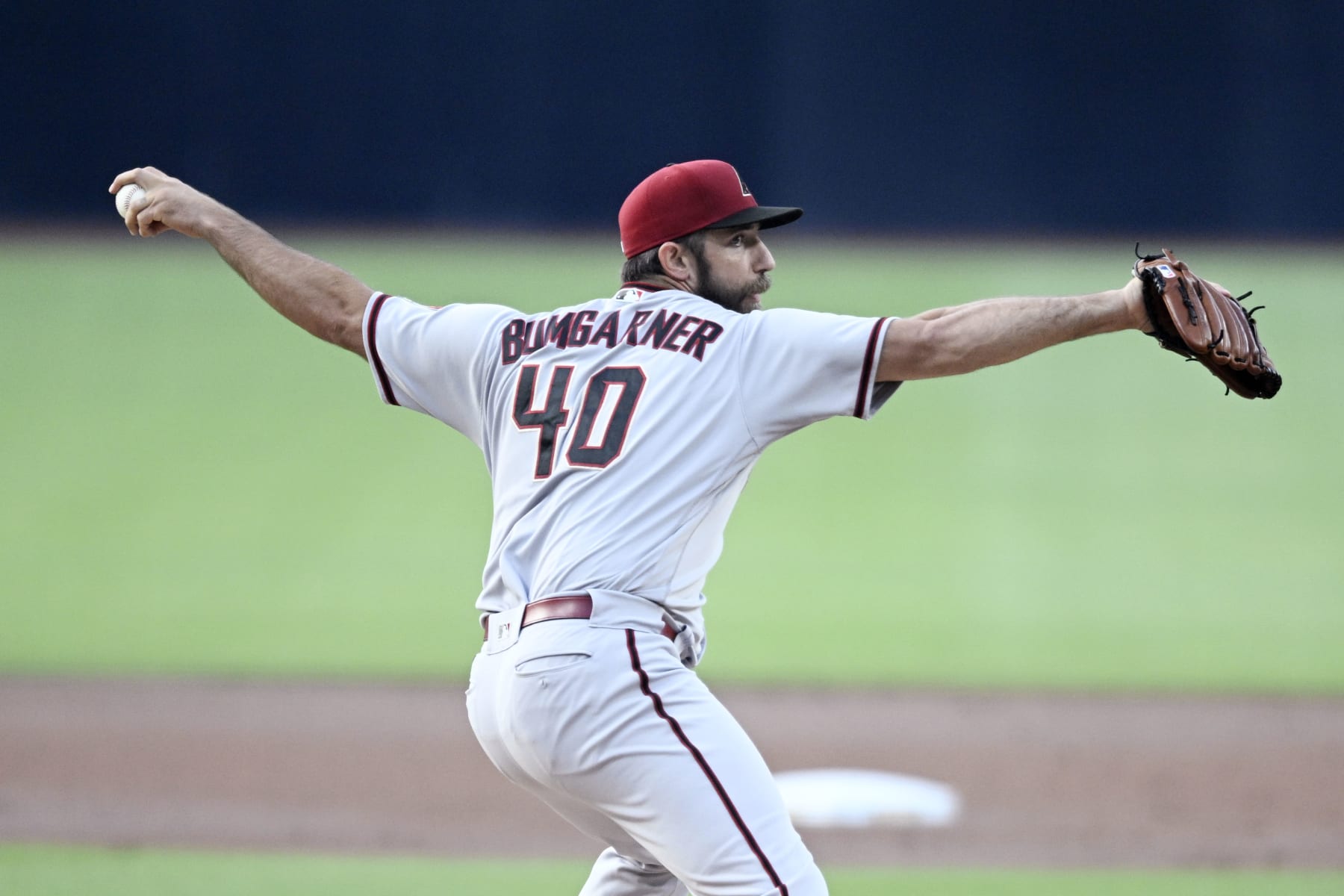 SAN DIEGO, CA - JUNE 15: Madison Bumgarner #40 of the Arizona Diamondbacks pitches during the first inning of a baseball game against the San Diego Padres July 15, 2022 at Petco Park in San Diego, California. (Photo by Denis Poroy/Getty Images)