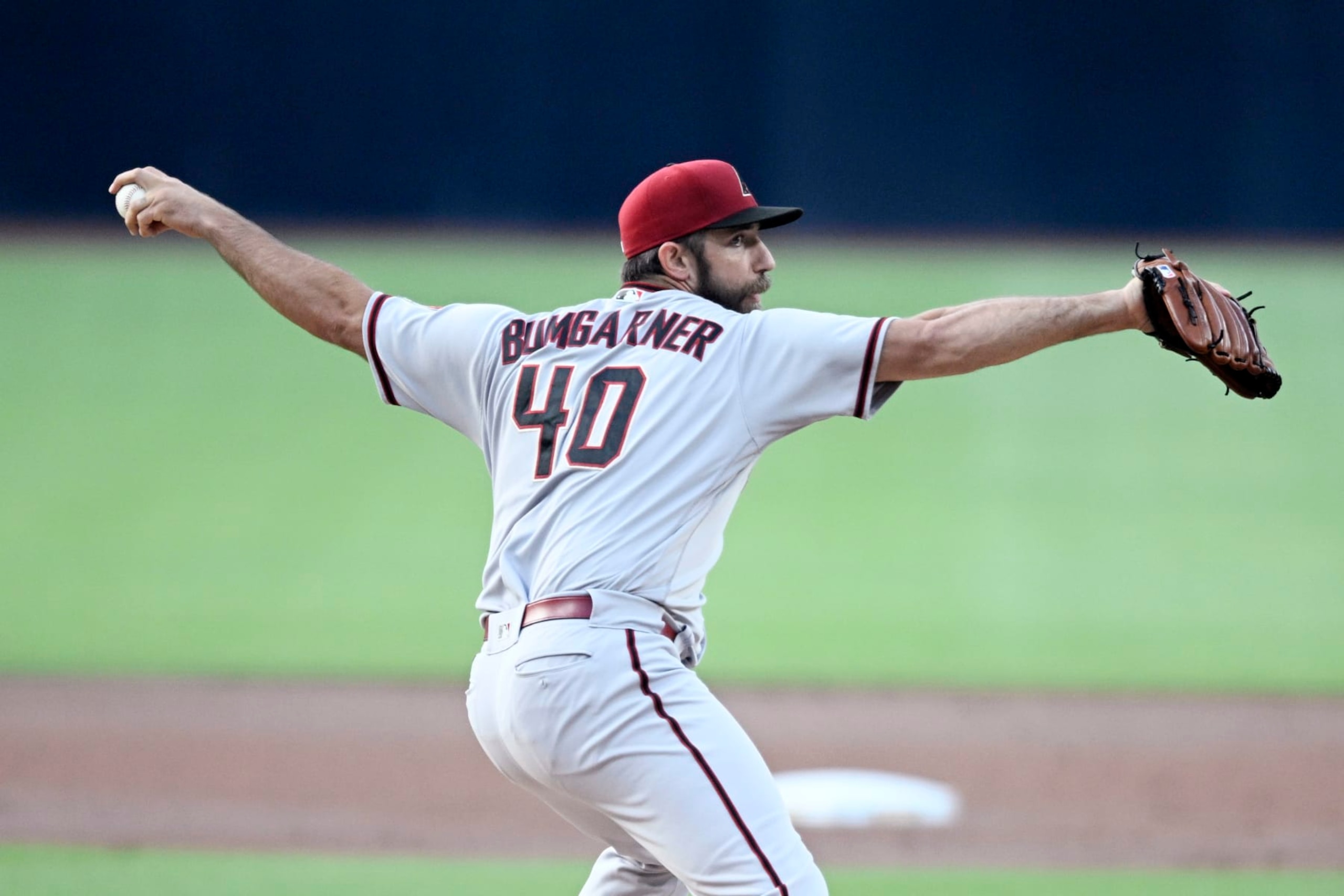 SAN DIEGO, CA - JUNE 15: Madison Bumgarner #40 of the Arizona Diamondbacks pitches during the first inning of a baseball game against the San Diego Padres July 15, 2022 at Petco Park in San Diego, California. (Photo by Denis Poroy/Getty Images)