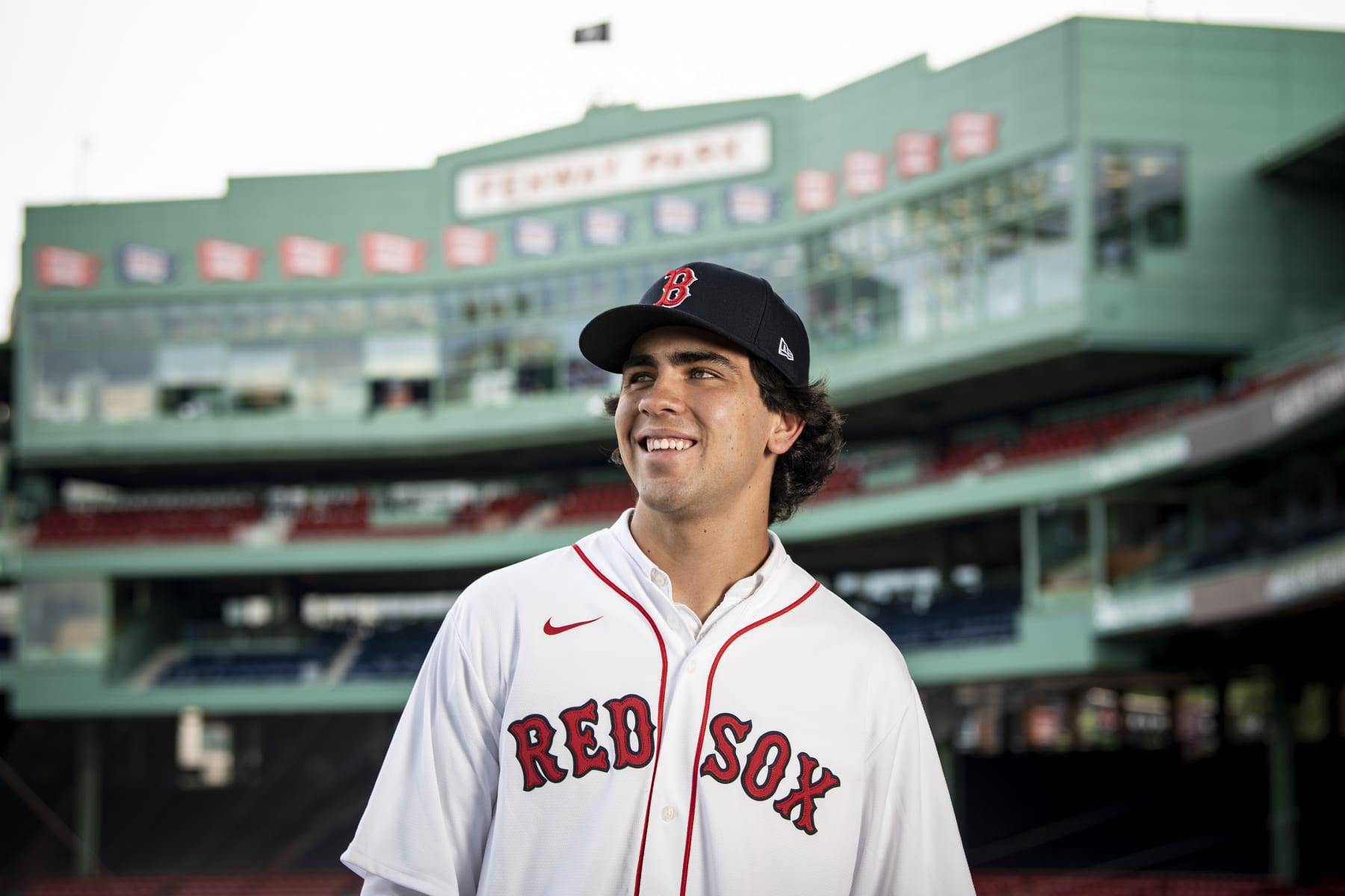 BOSTON, MA - JULY 22: Boston Red Sox 2021 first round draft pick Marcelo Mayer poses for a portrait as he is signed with the club on July 22, 2021 at Fenway Park in Boston, Massachusetts. (Photo by Billie Weiss/Boston Red Sox/Getty Images)