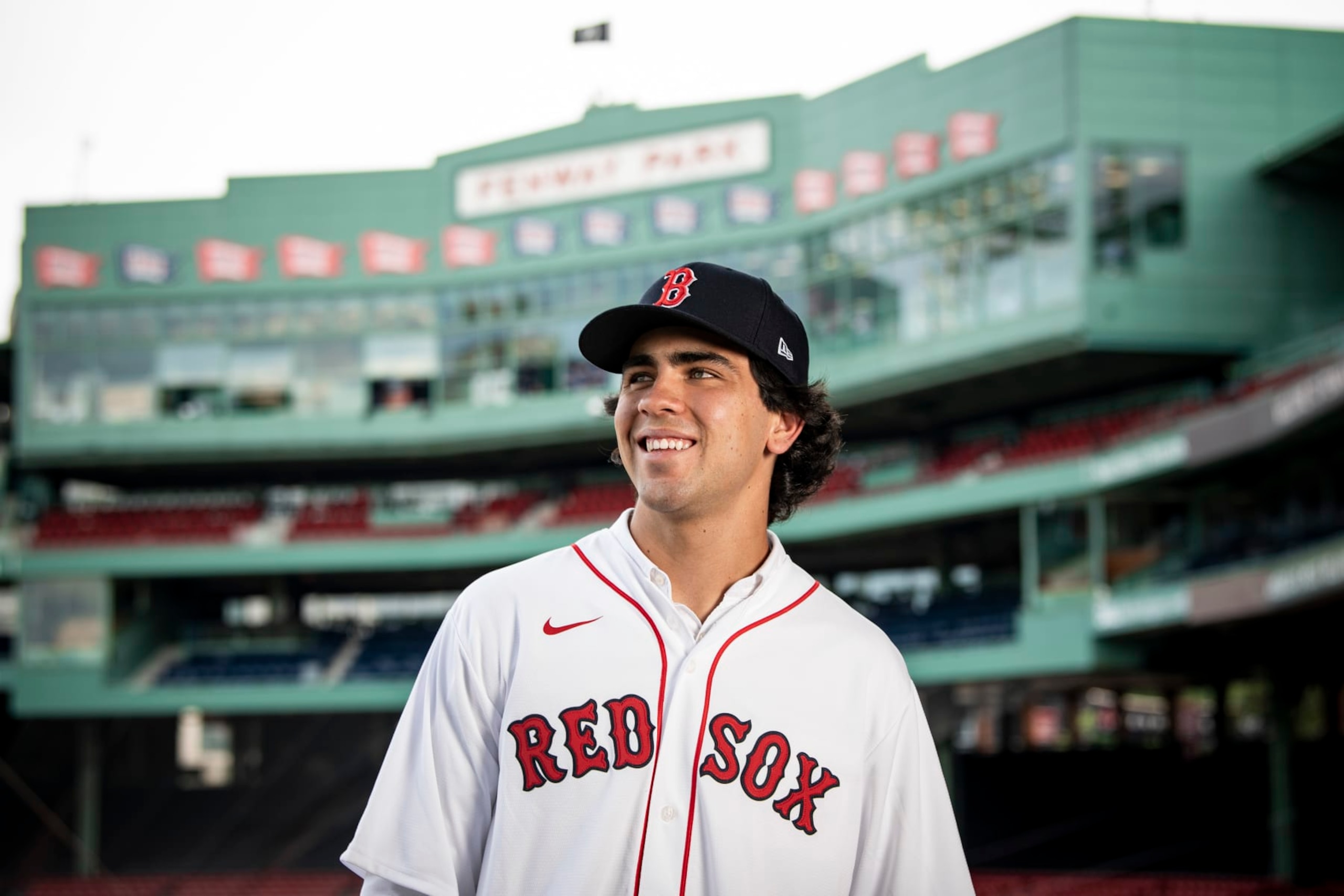 BOSTON, MA - JULY 22: Boston Red Sox 2021 first round draft pick Marcelo Mayer poses for a portrait as he is signed with the club on July 22, 2021 at Fenway Park in Boston, Massachusetts. (Photo by Billie Weiss/Boston Red Sox/Getty Images)