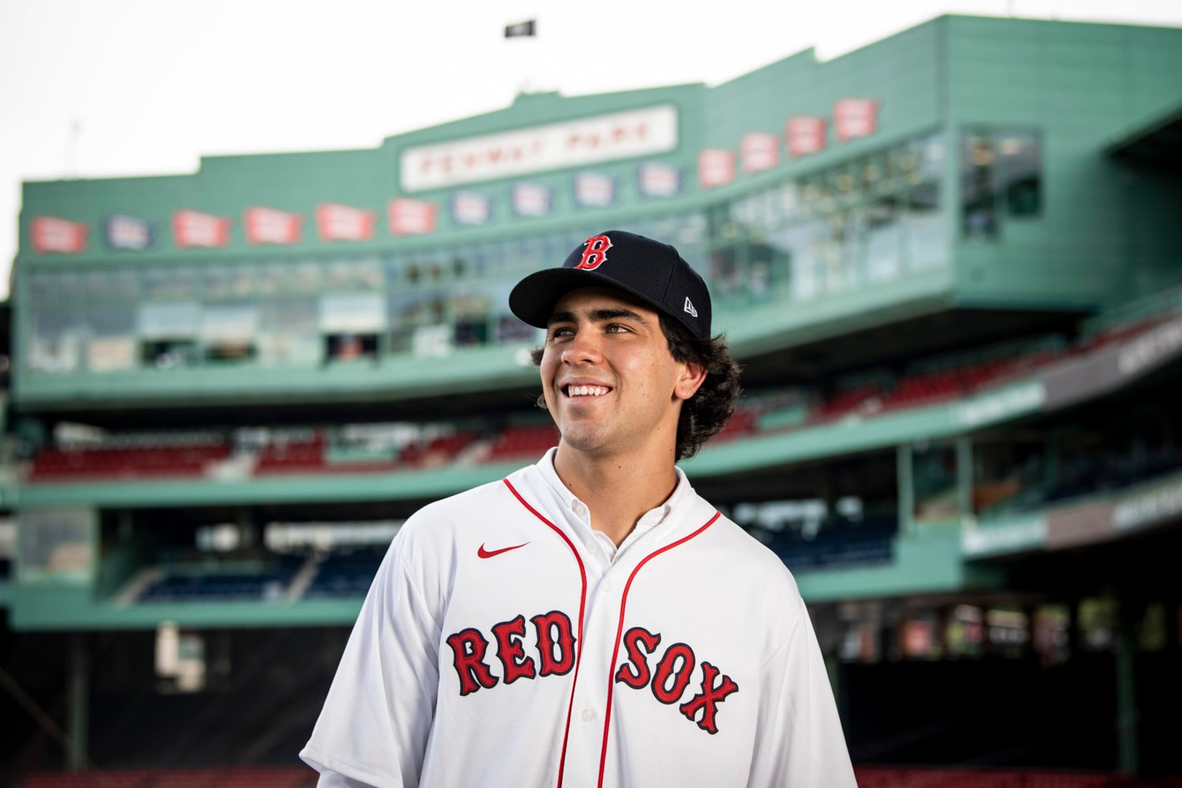 BOSTON, MA - JULY 22: Boston Red Sox 2021 first round draft pick Marcelo Mayer poses for a portrait as he is signed with the club on July 22, 2021 at Fenway Park in Boston, Massachusetts. (Photo by Billie Weiss/Boston Red Sox/Getty Images)