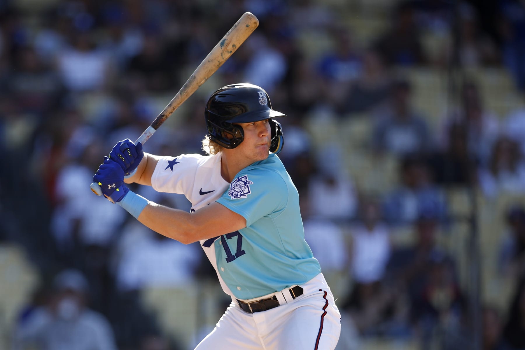 LOS ANGELES, CALIFORNIA - JULY 16: Joey Wiemer #17 of the National League at bat during the SiriusXM All-Star Futures Game at Dodger Stadium on July 16, 2022 in Los Angeles, California. (Photo by Ronald Martinez/Getty Images)