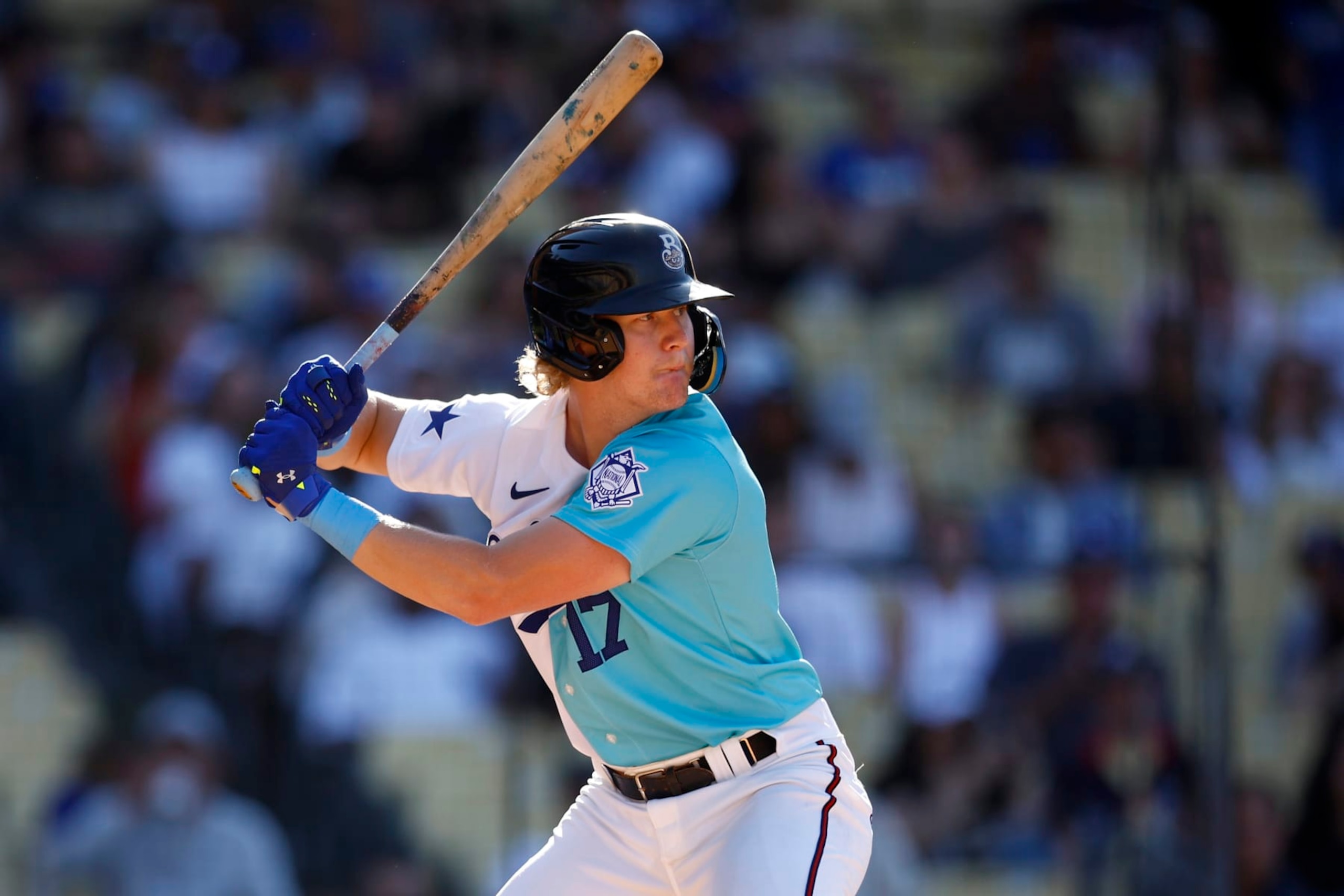 LOS ANGELES, CALIFORNIA - JULY 16: Joey Wiemer #17 of the National League at bat during the SiriusXM All-Star Futures Game at Dodger Stadium on July 16, 2022 in Los Angeles, California. (Photo by Ronald Martinez/Getty Images)
