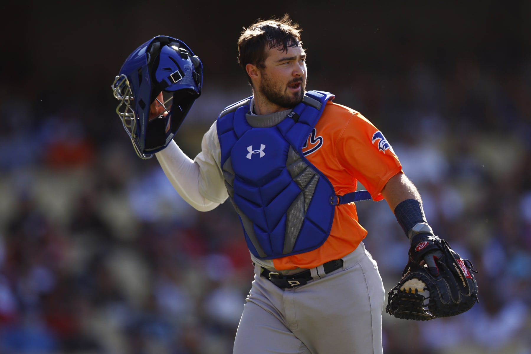 LOS ANGELES, CALIFORNIA - JULY 16: Shea Langeliers #33 of the American League reacts during the SiriusXM All-Star Futures Game at Dodger Stadium on July 16, 2022 in Los Angeles, California. (Photo by Ronald Martinez/Getty Images)