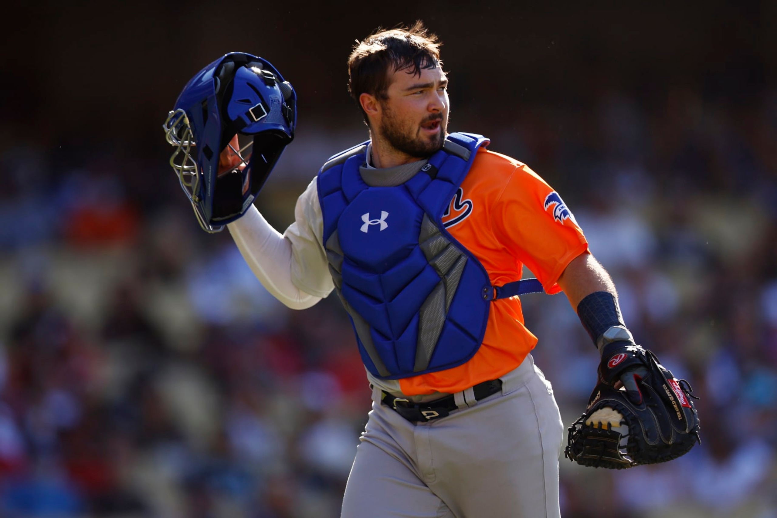 LOS ANGELES, CALIFORNIA - JULY 16: Shea Langeliers #33 of the American League reacts during the SiriusXM All-Star Futures Game at Dodger Stadium on July 16, 2022 in Los Angeles, California. (Photo by Ronald Martinez/Getty Images)