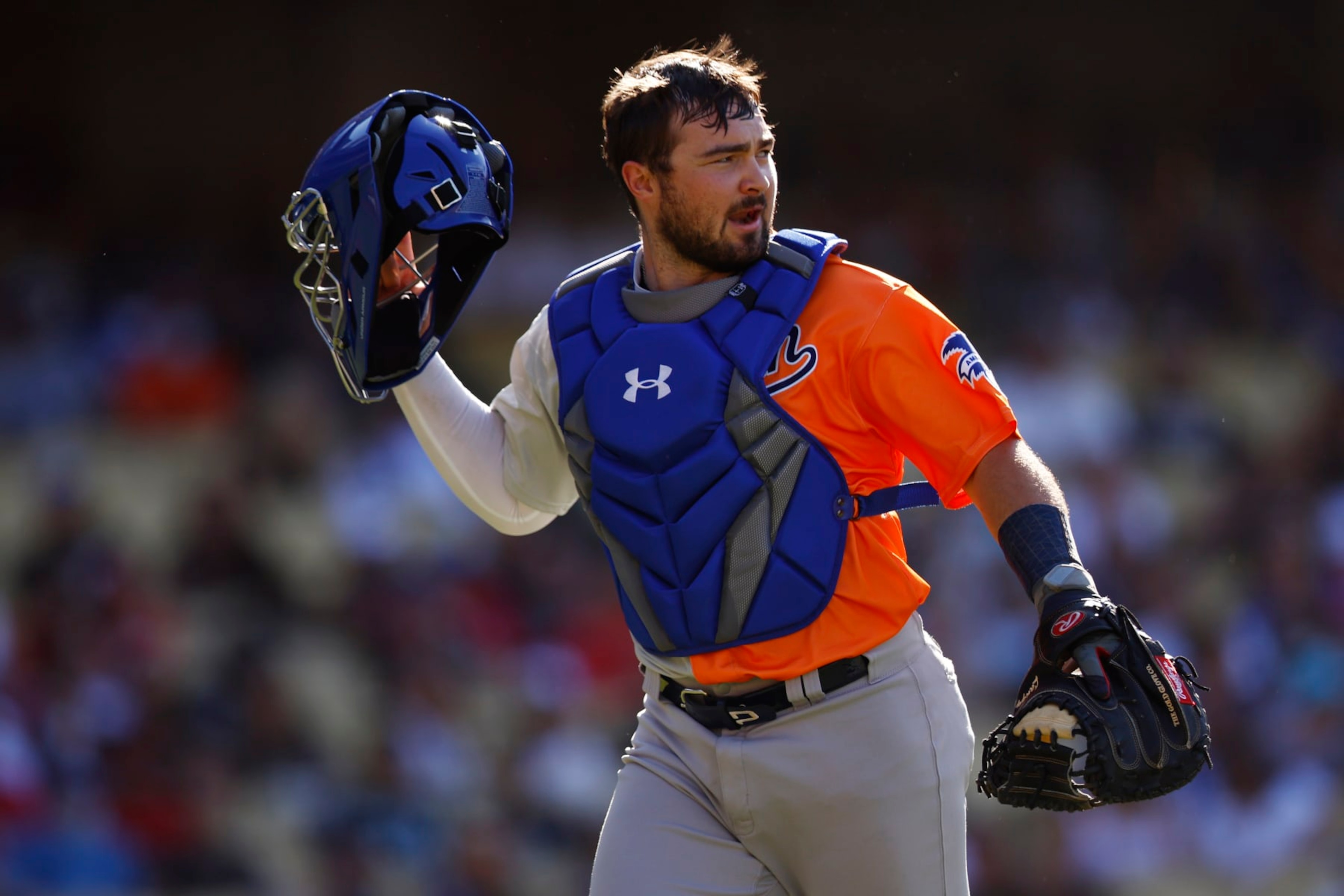 LOS ANGELES, CALIFORNIA - JULY 16: Shea Langeliers #33 of the American League reacts during the SiriusXM All-Star Futures Game at Dodger Stadium on July 16, 2022 in Los Angeles, California. (Photo by Ronald Martinez/Getty Images)
