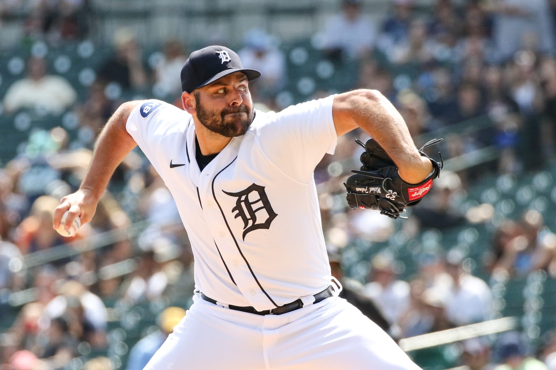 zDETROIT, MI - MAY 29:  Detroit Tigers relief pitcher Michael Fulmer (32) pitches during the eighth inning of a regular season Major League Baseball game between the Cleveland Guardians and the Detroit Tigers on May 29, 2022 at Comerica Park in Detroit, Michigan. (Photo by Scott W. Grau/Icon Sportswire via Getty Images)