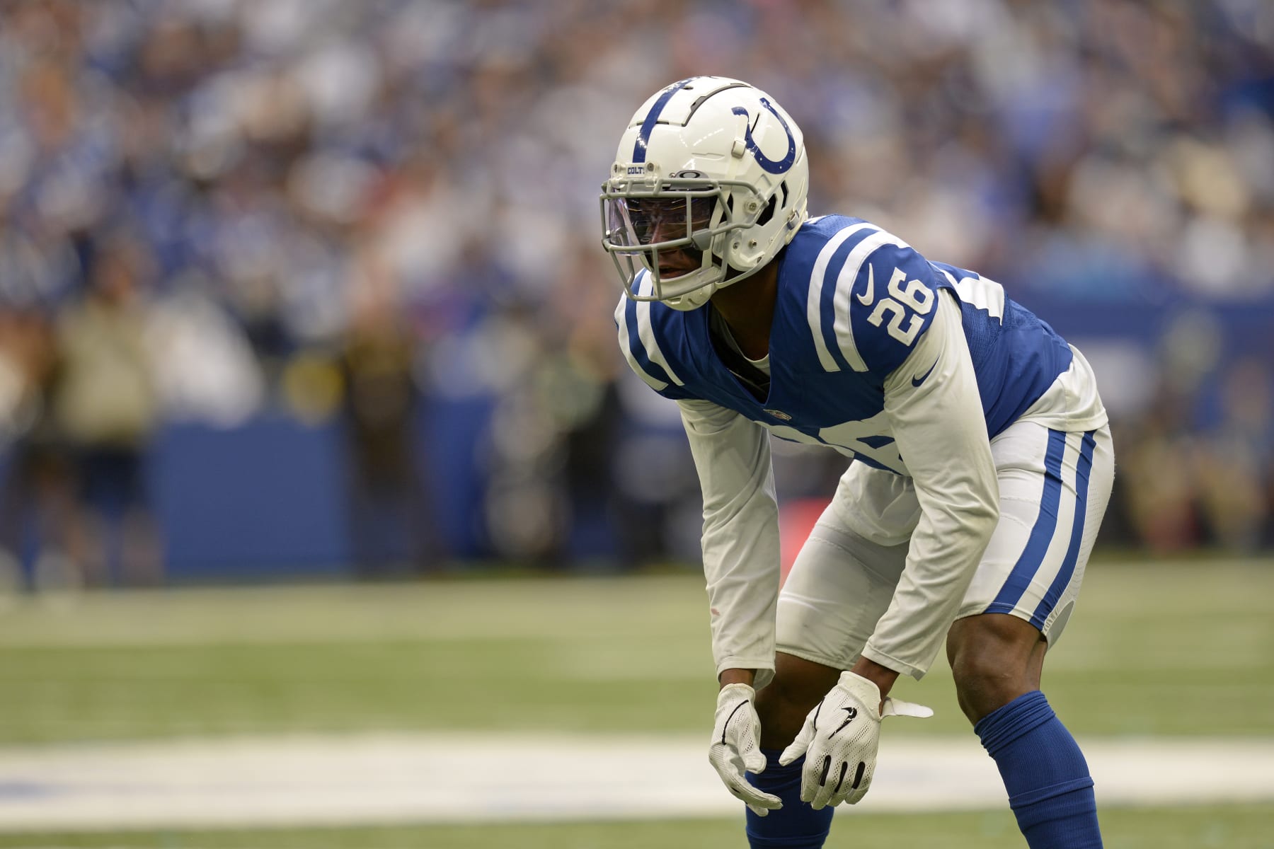 INDIANAPOLIS, IN - OCTOBER 31: Indianapolis Colts Cornerback Rock Ya-Sin (26) lines up for a play during the NFL football game between the Tennessee Titans and the Indianapolis Colts on October 31, 2021, at Lucas Oil Stadium in Indianapolis, Indiana. (Photo by Michael Allio/Icon Sportswire via Getty Images)
