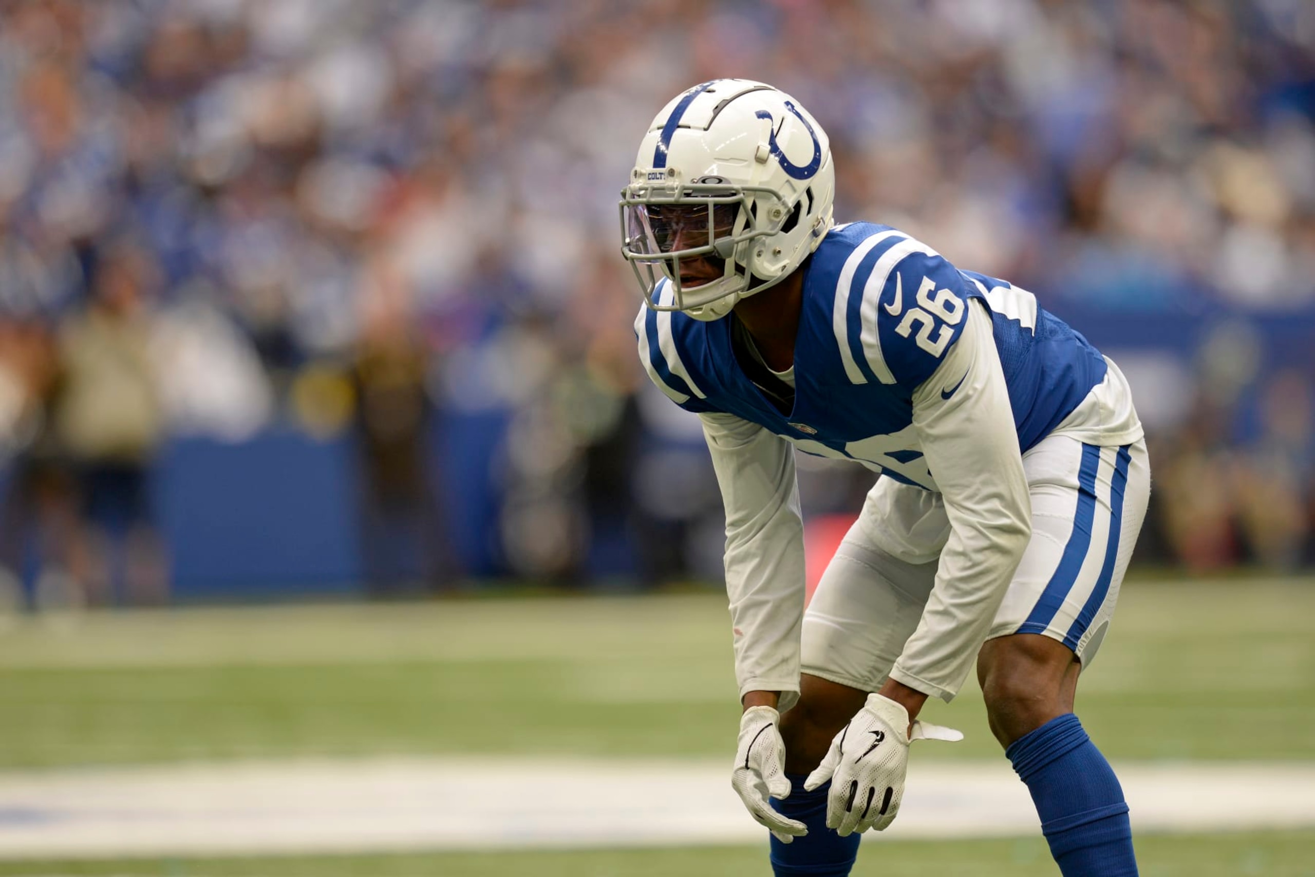 INDIANAPOLIS, IN - OCTOBER 31: Indianapolis Colts Cornerback Rock Ya-Sin (26) lines up for a play during the NFL football game between the Tennessee Titans and the Indianapolis Colts on October 31, 2021, at Lucas Oil Stadium in Indianapolis, Indiana. (Photo by Michael Allio/Icon Sportswire via Getty Images)