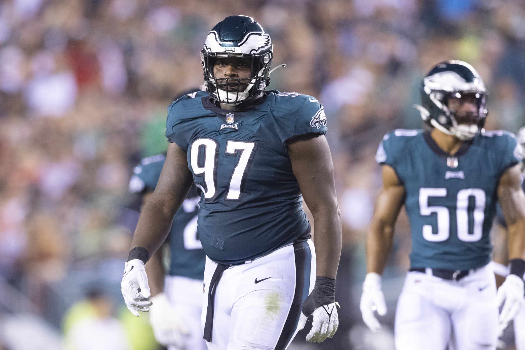 PHILADELPHIA, PA - OCTOBER 14: Javon Hargrave #97 of the Philadelphia Eagles looks on against the Tampa Bay Buccaneers at Lincoln Financial Field on October 14, 2021 in Philadelphia, Pennsylvania. (Photo by Mitchell Leff/Getty Images)