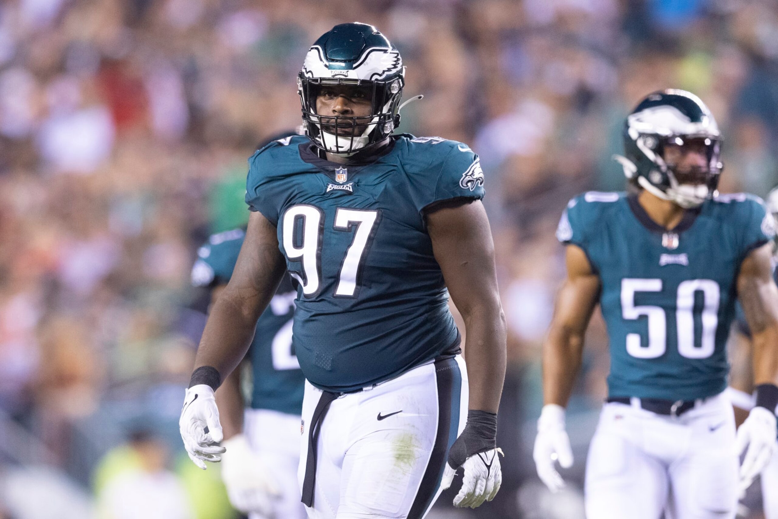 PHILADELPHIA, PA - OCTOBER 14: Javon Hargrave #97 of the Philadelphia Eagles looks on against the Tampa Bay Buccaneers at Lincoln Financial Field on October 14, 2021 in Philadelphia, Pennsylvania. (Photo by Mitchell Leff/Getty Images)