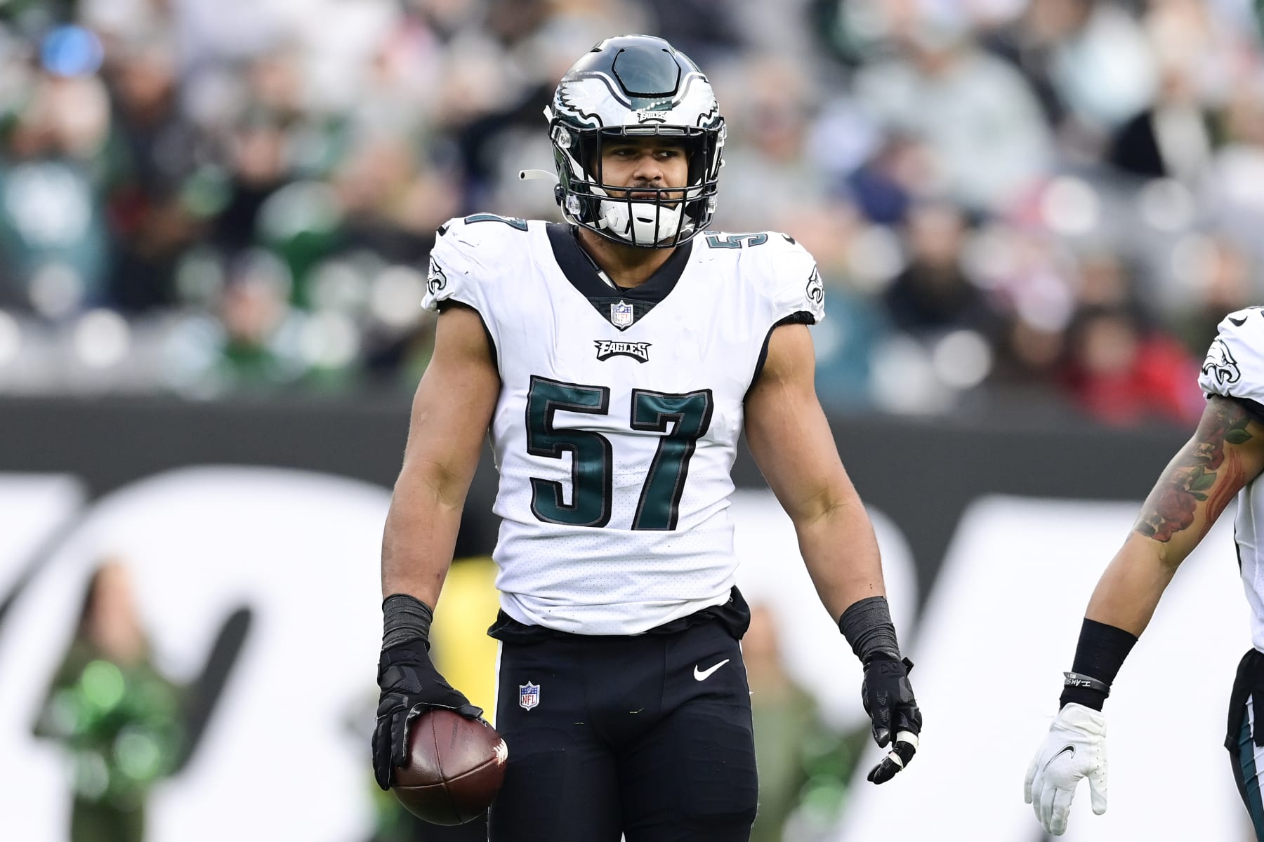 EAST RUTHERFORD, NEW JERSEY - DECEMBER 05:  T.J. Edwards #57 of the Philadelphia Eagles reacts against the New York Jets at MetLife Stadium on December 05, 2021 in East Rutherford, New Jersey. (Photo by Steven Ryan/Getty Images)