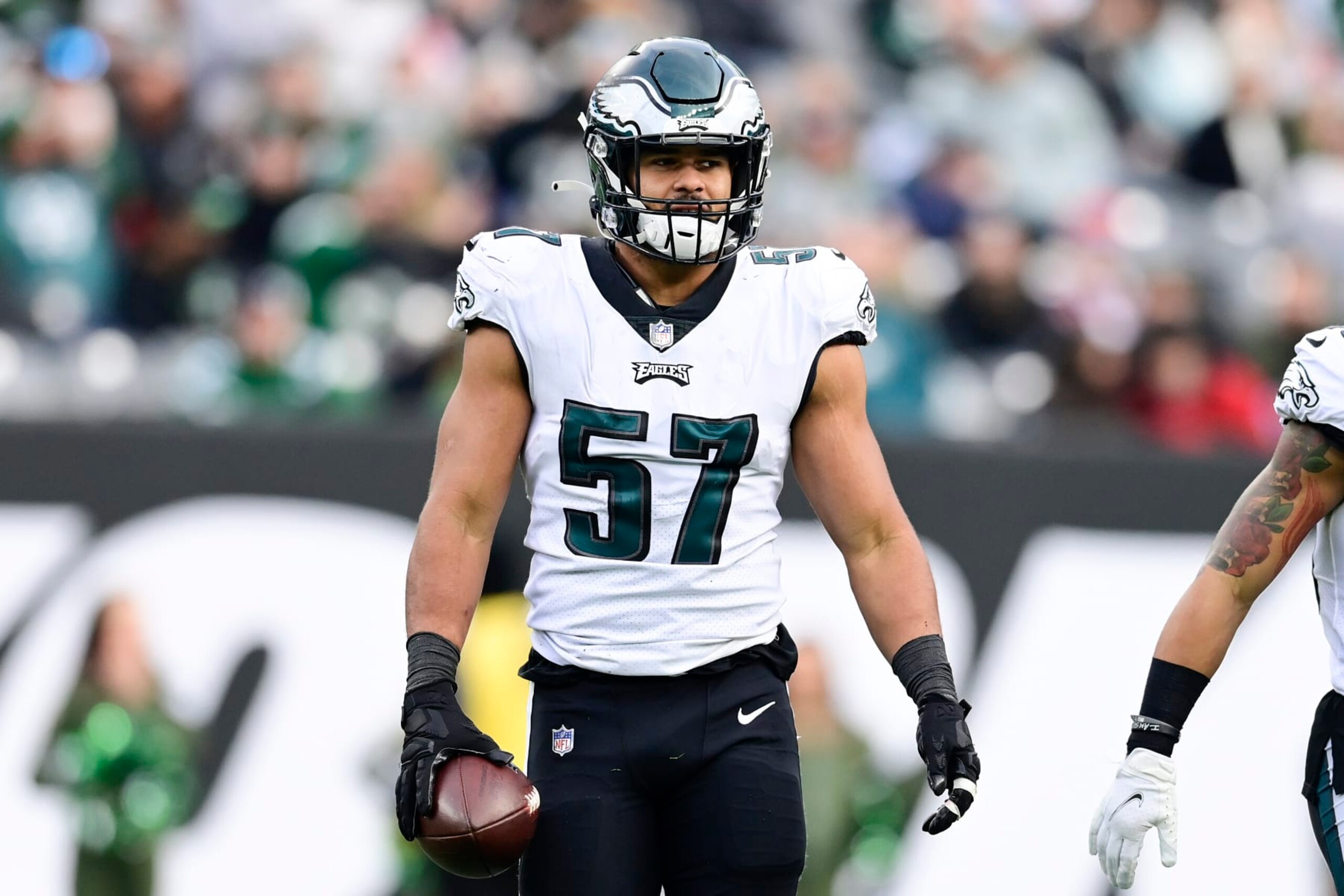 EAST RUTHERFORD, NEW JERSEY - DECEMBER 05:  T.J. Edwards #57 of the Philadelphia Eagles reacts against the New York Jets at MetLife Stadium on December 05, 2021 in East Rutherford, New Jersey. (Photo by Steven Ryan/Getty Images)
