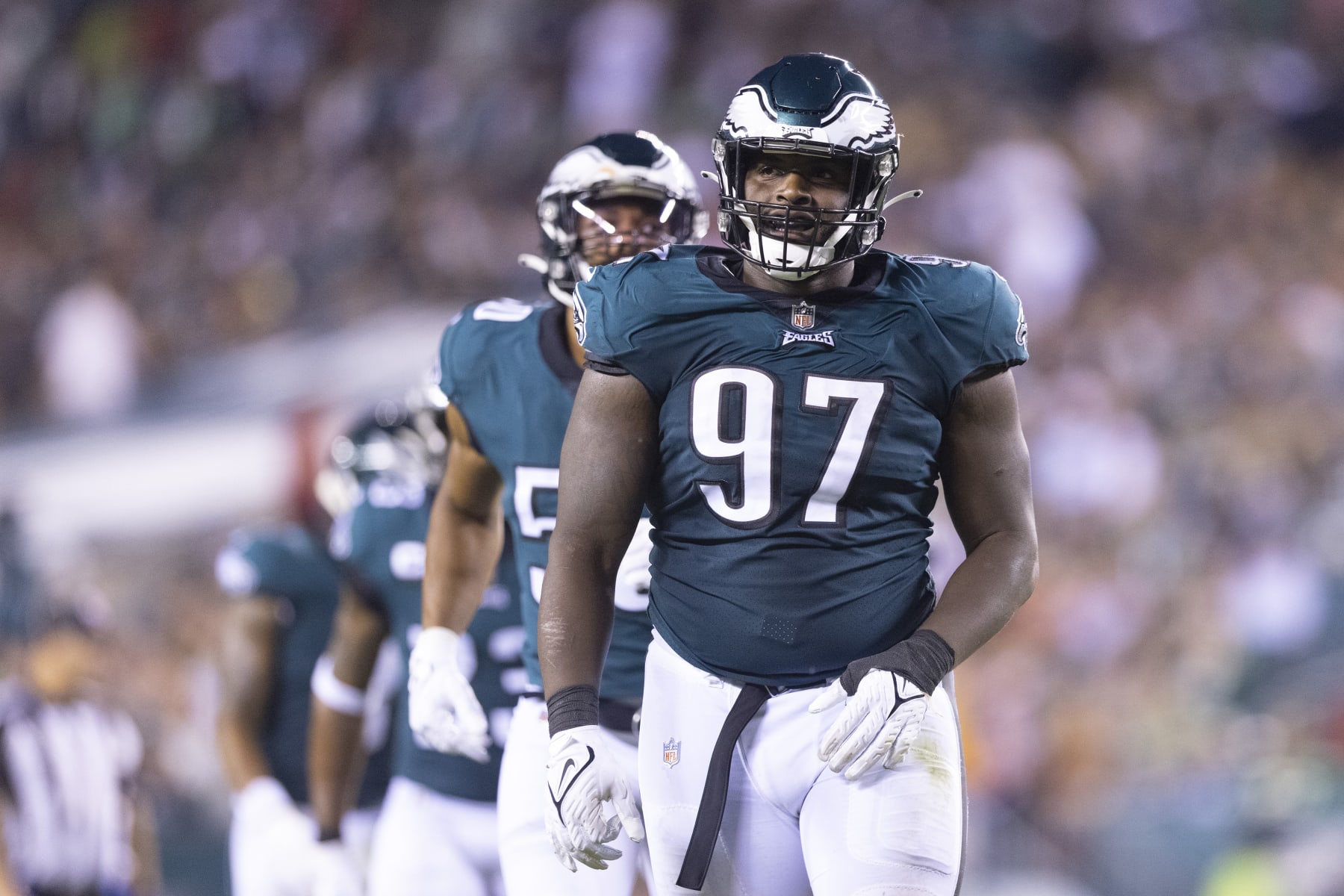 PHILADELPHIA, PA - OCTOBER 14: Javon Hargrave #97 of the Philadelphia Eagles looks on against the Tampa Bay Buccaneers at Lincoln Financial Field on October 14, 2021 in Philadelphia, Pennsylvania. (Photo by Mitchell Leff/Getty Images)