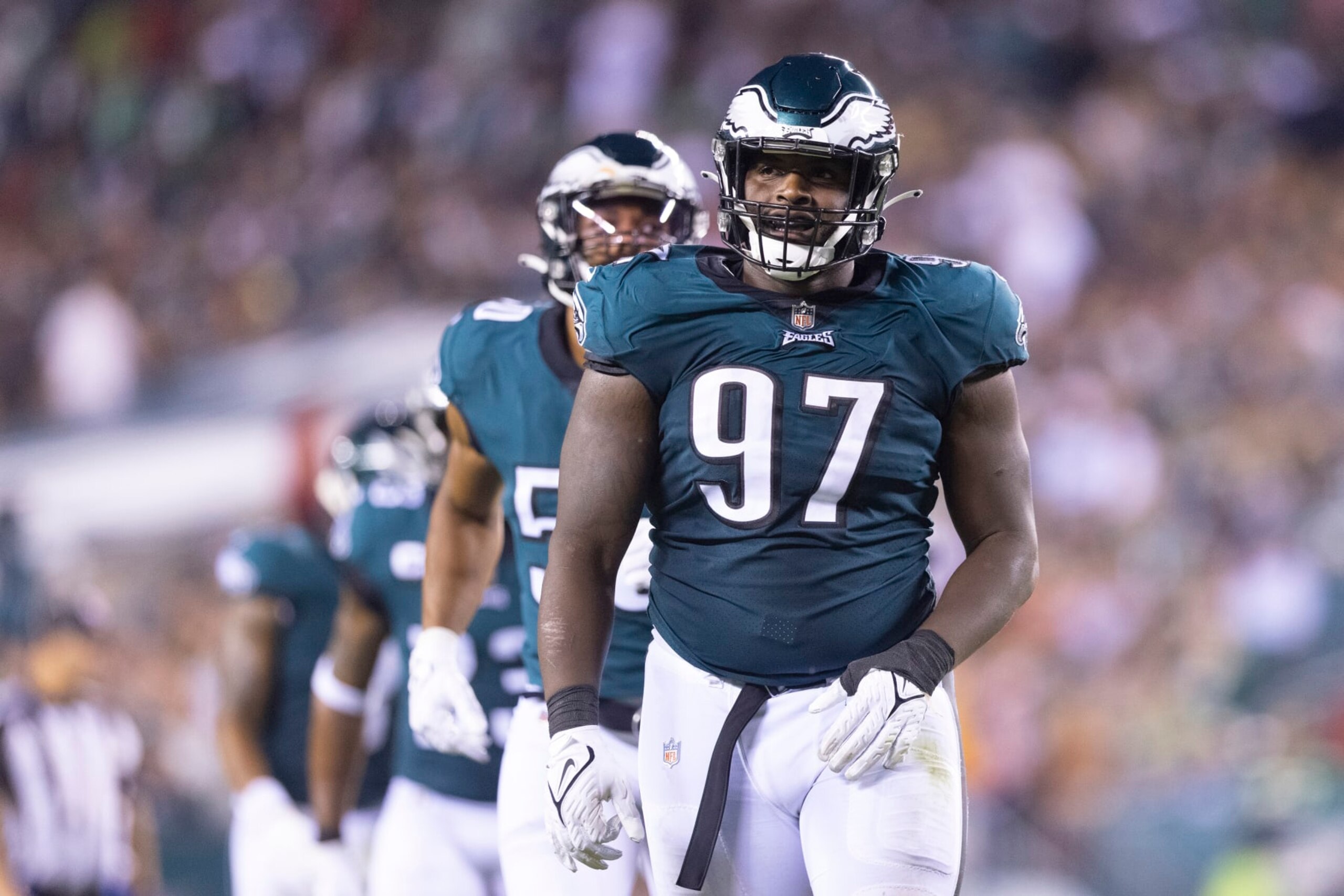 PHILADELPHIA, PA - OCTOBER 14: Javon Hargrave #97 of the Philadelphia Eagles looks on against the Tampa Bay Buccaneers at Lincoln Financial Field on October 14, 2021 in Philadelphia, Pennsylvania. (Photo by Mitchell Leff/Getty Images)