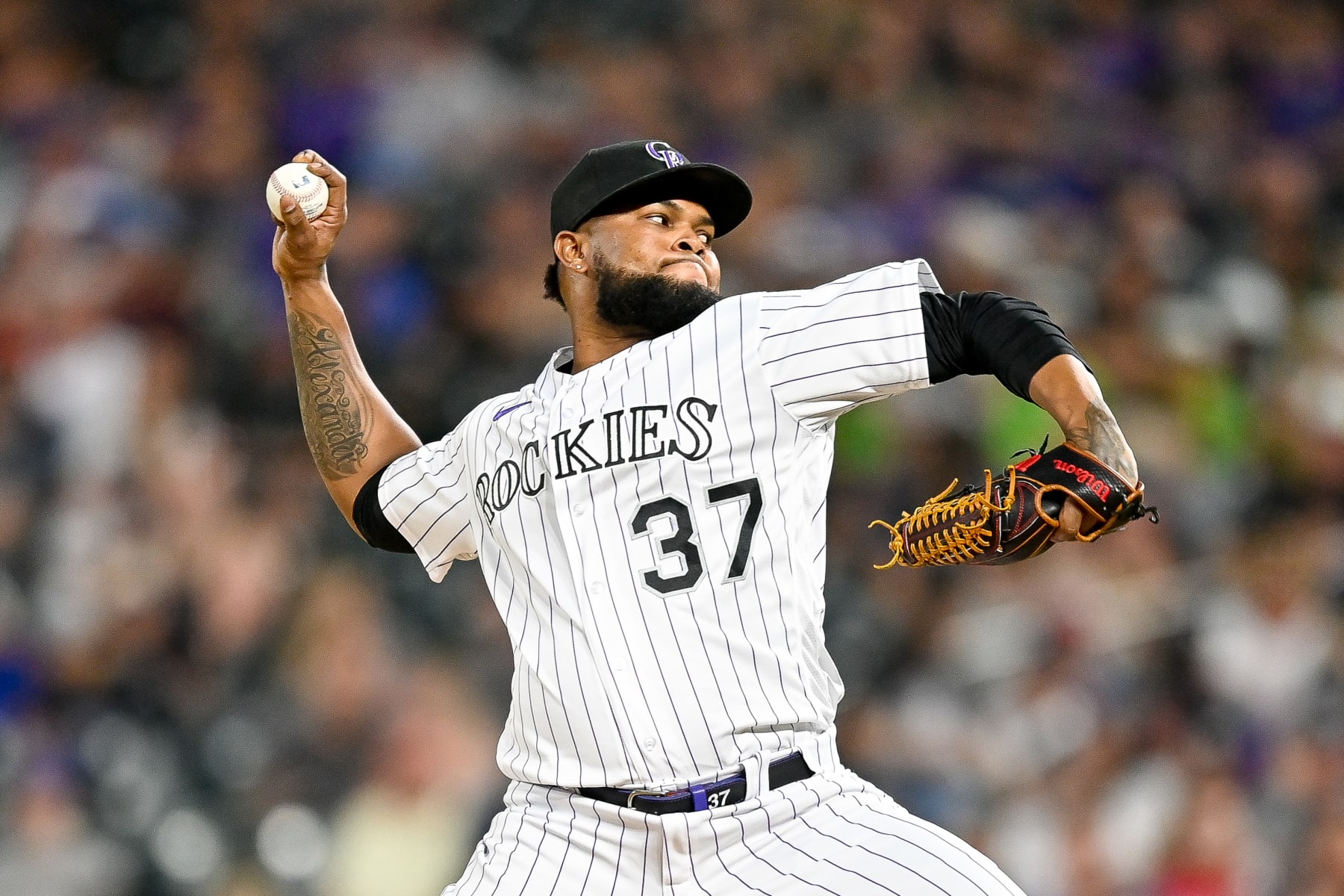 DENVER, CO - JUNE 14: Colorado Rockies relief pitcher Alex Colome (37) pitches during a game between the Cleveland Guardians and the Colorado Rockies at Coors Field on June 14, 2022 in Denver, Colorado. (Photo by Dustin Bradford/Icon Sportswire via Getty Images)