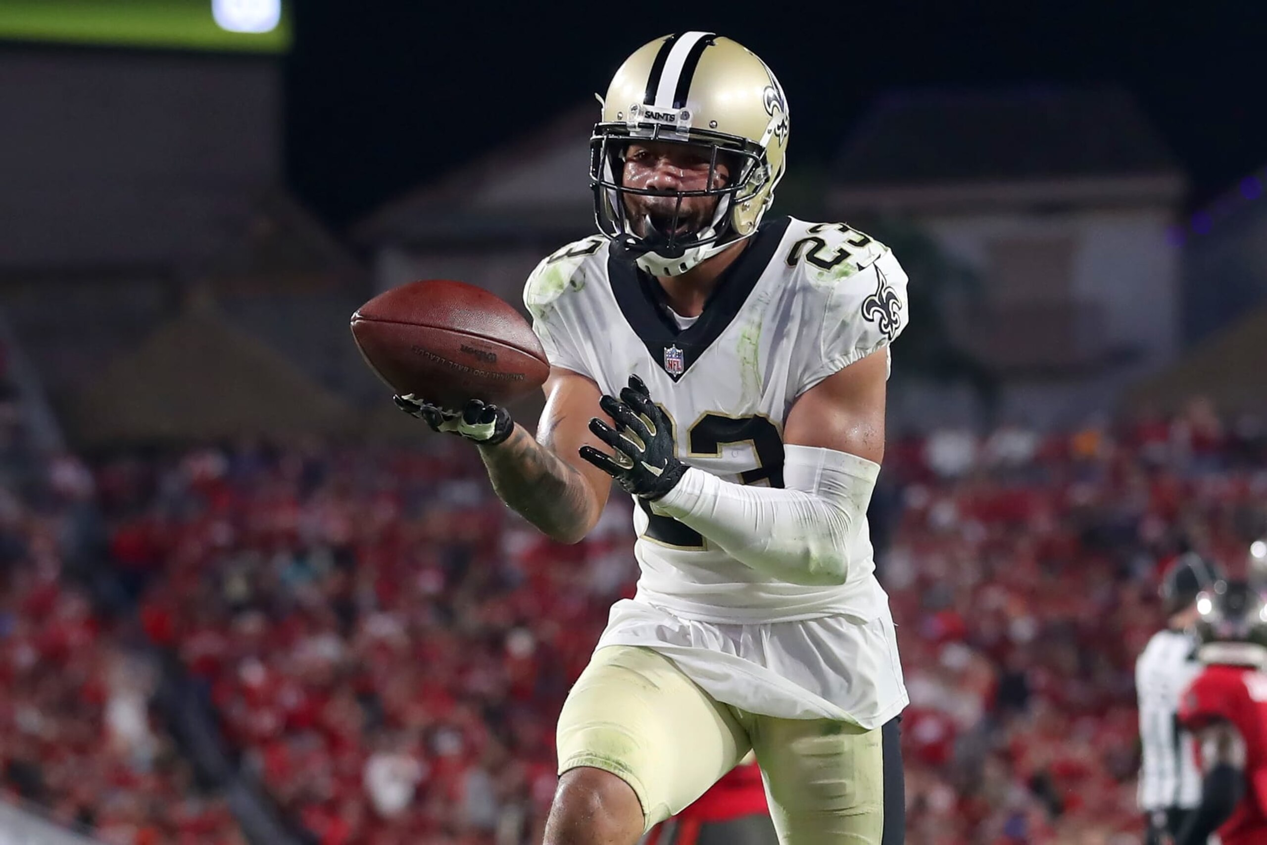 TAMPA, FL - DECEMBER 19: New Orleans Saints Cornerback Marshon Lattimore (23) celebrates a fumble recovery during the regular season game between the New Orleans Saints and the Tampa Bay Buccaneers on December 19, 2021 at Raymond James Stadium in Tampa, Florida. (Photo by Cliff Welch/Icon Sportswire via Getty Images)